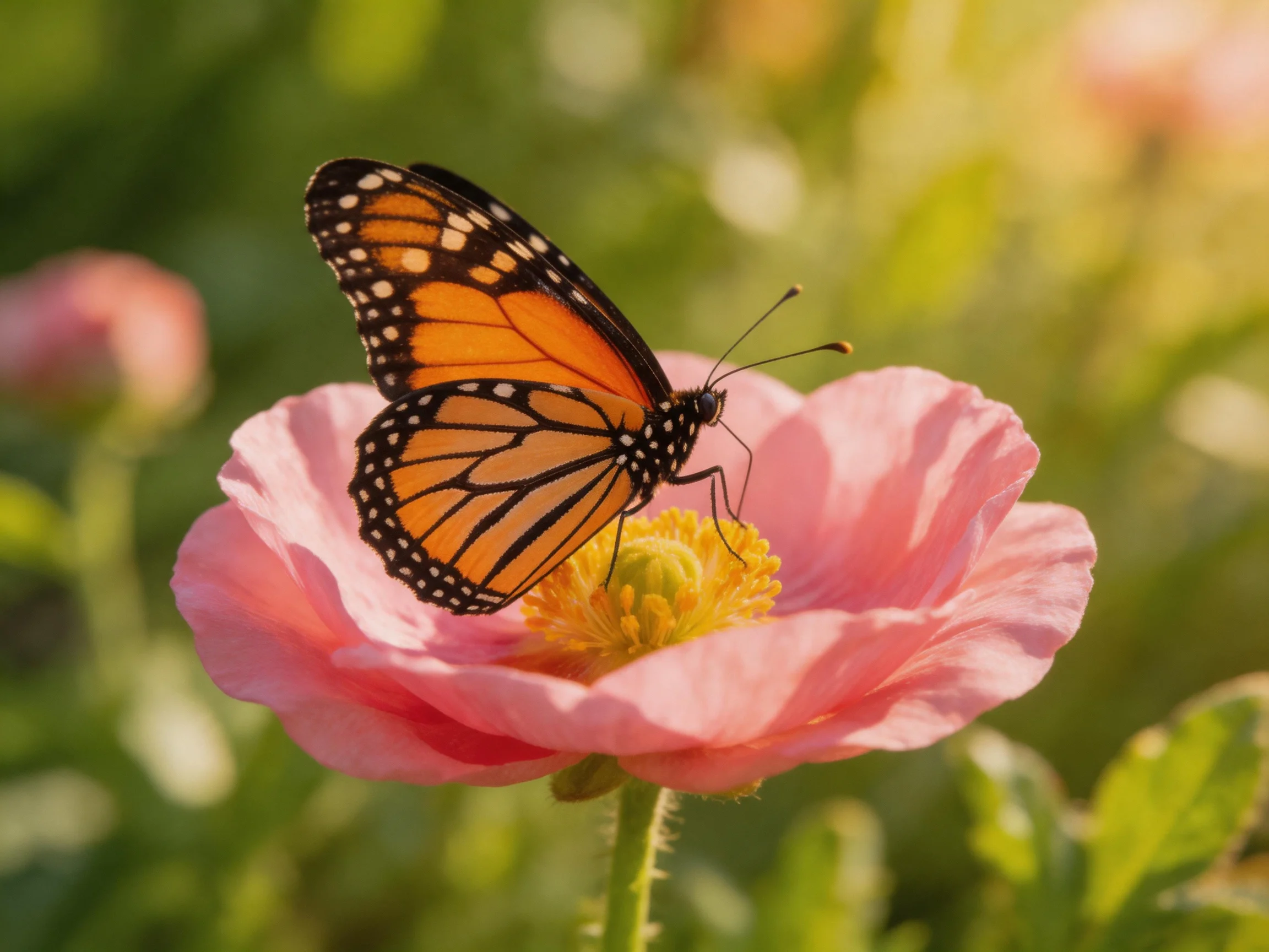 A monarch butterfly perches on a vibrant pink flower with yellow center