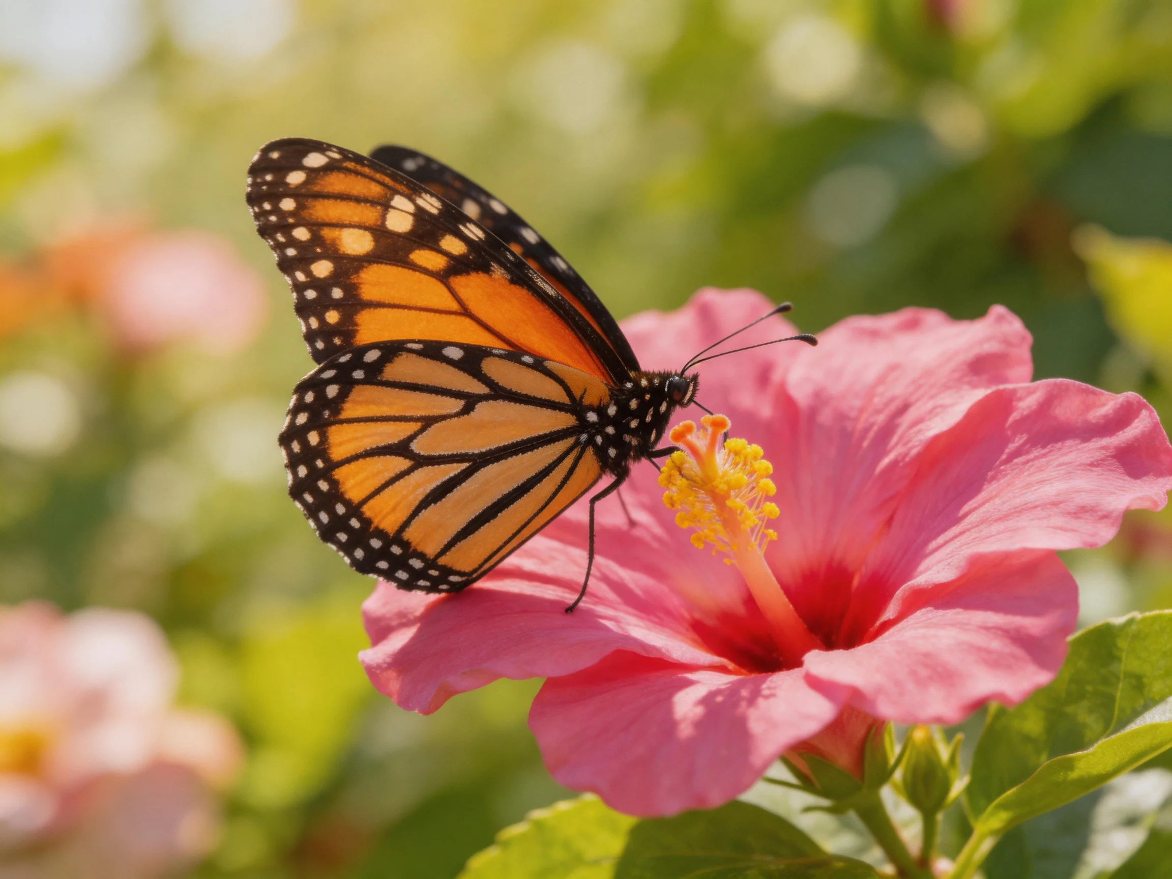 A monarch butterfly perches on a vibrant pink hibiscus flower