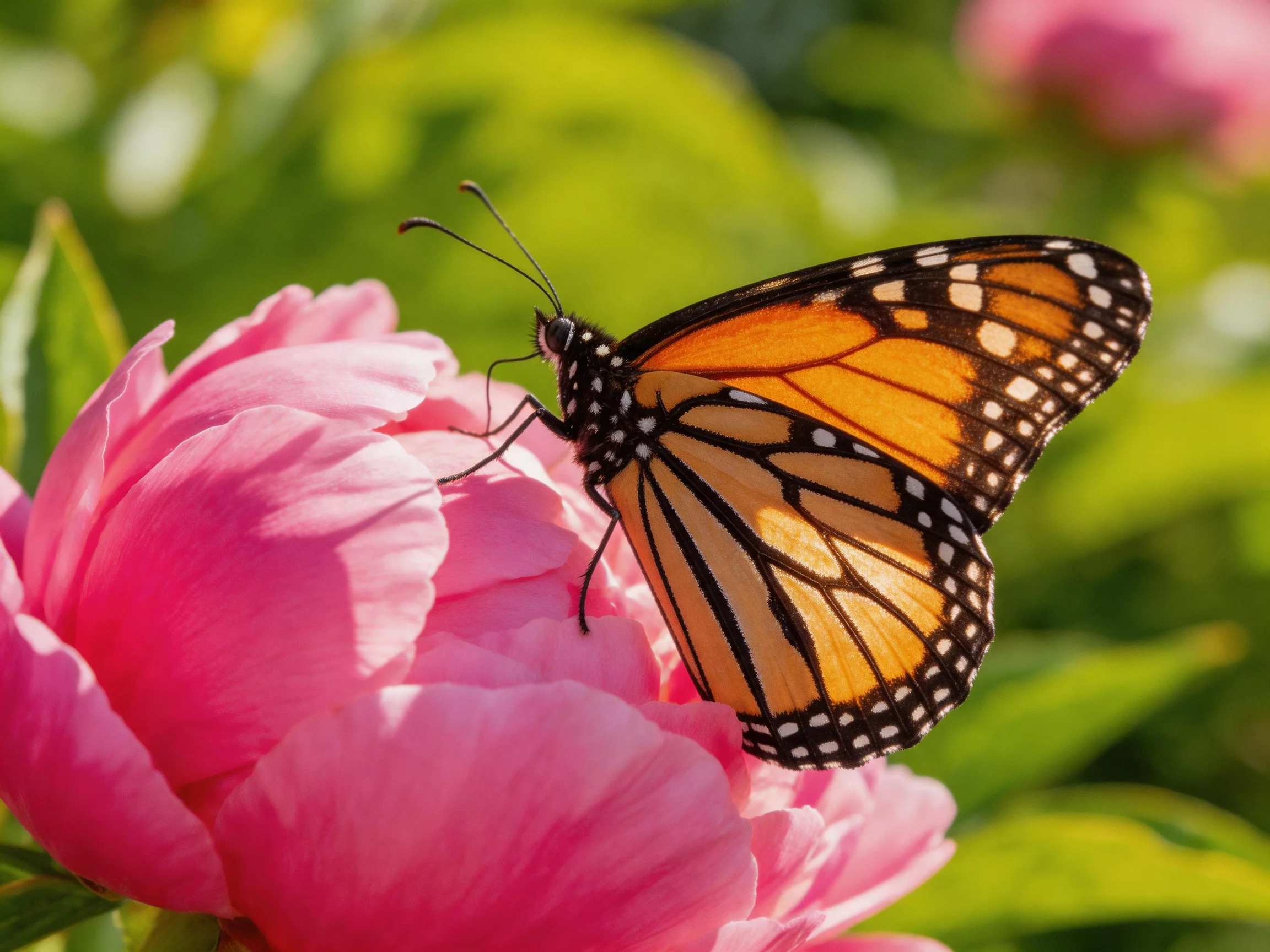 A monarch butterfly perches on a vibrant pink peony bloom