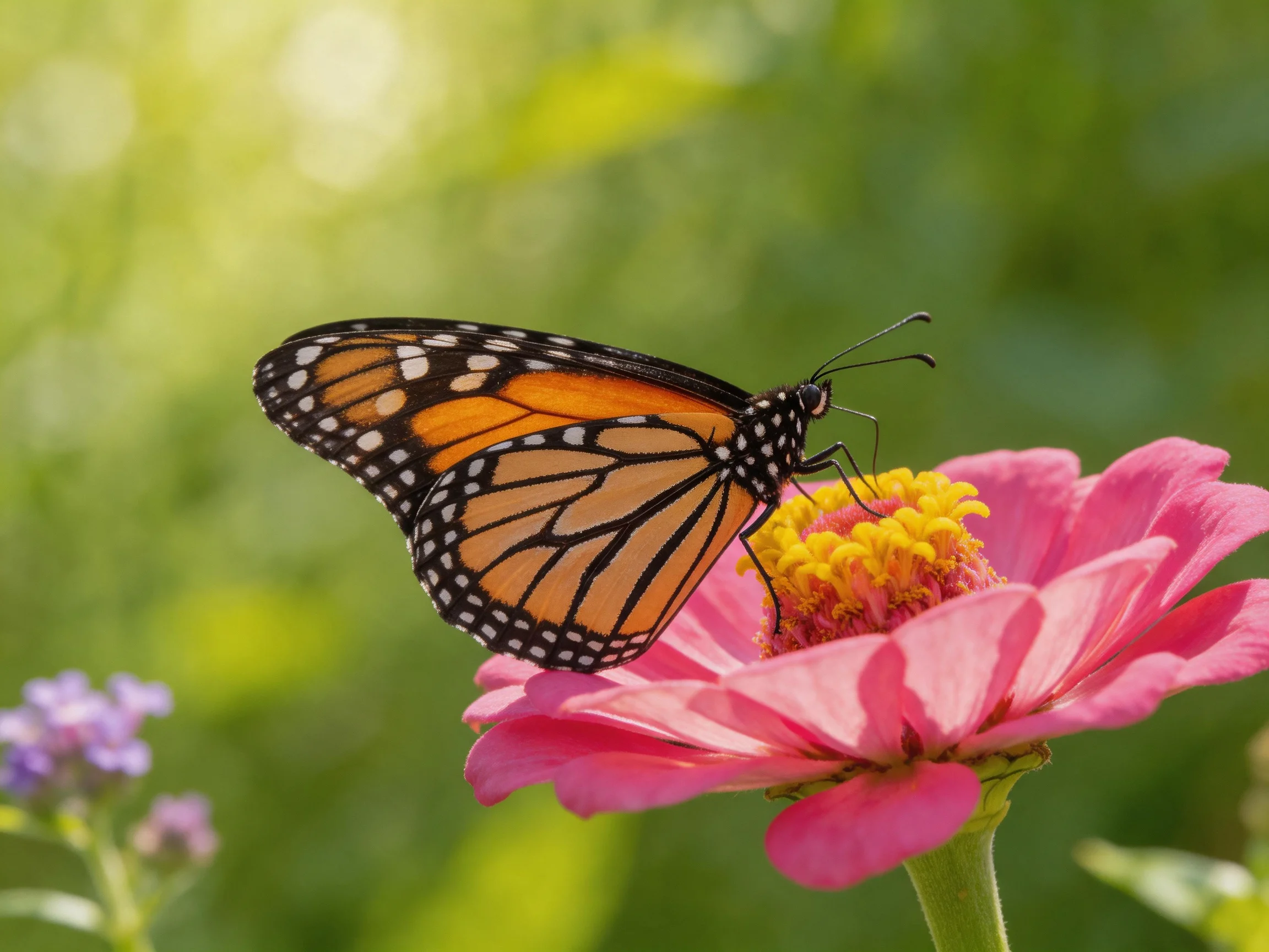 A monarch butterfly perches on a vibrant pink zinnia flower