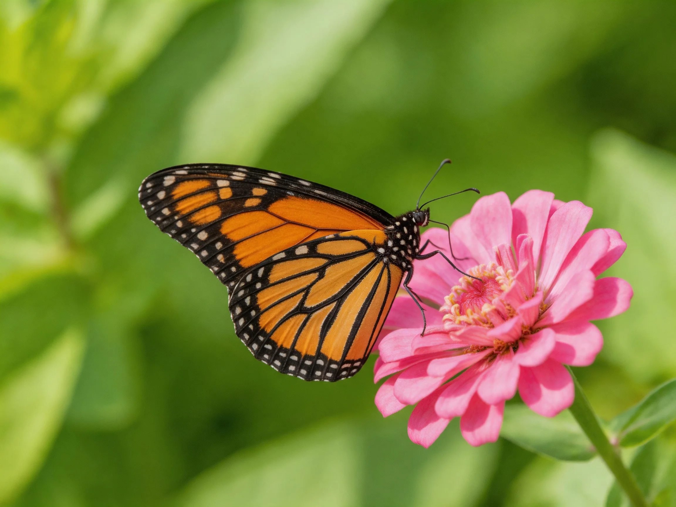 A monarch butterfly perches on a vibrant pink zinnia flower