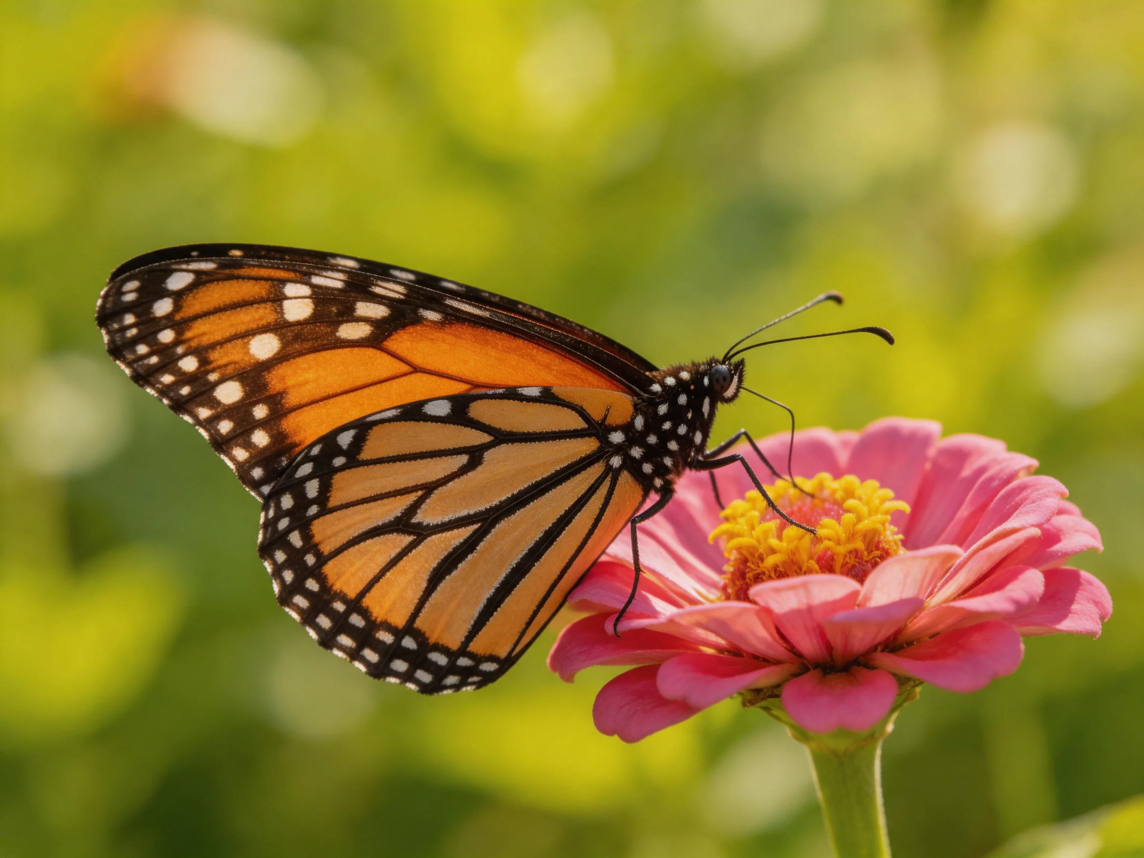 A monarch butterfly perches on a vibrant pink zinnia flower