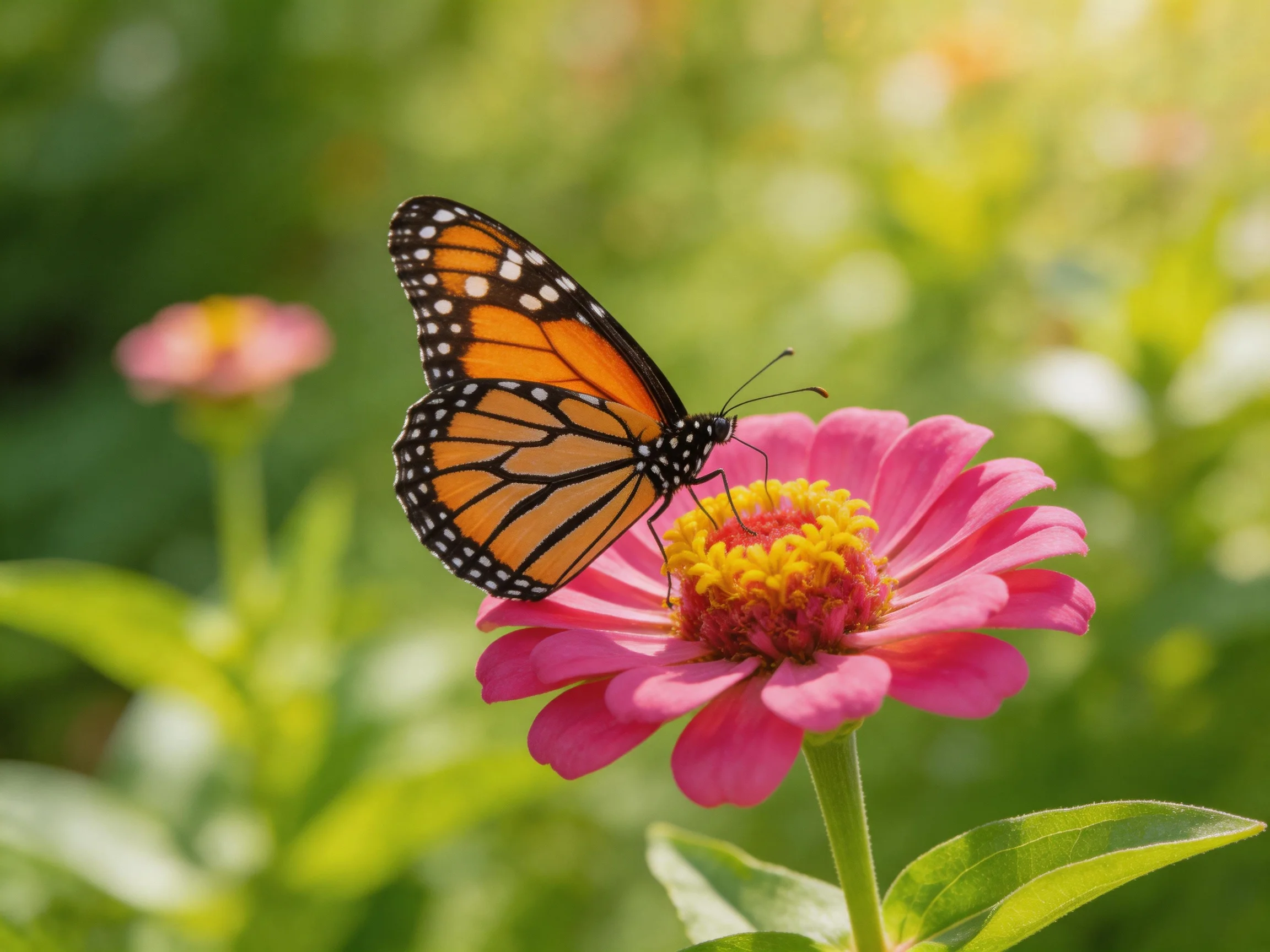 A monarch butterfly perches on a vibrant pink zinnia flower