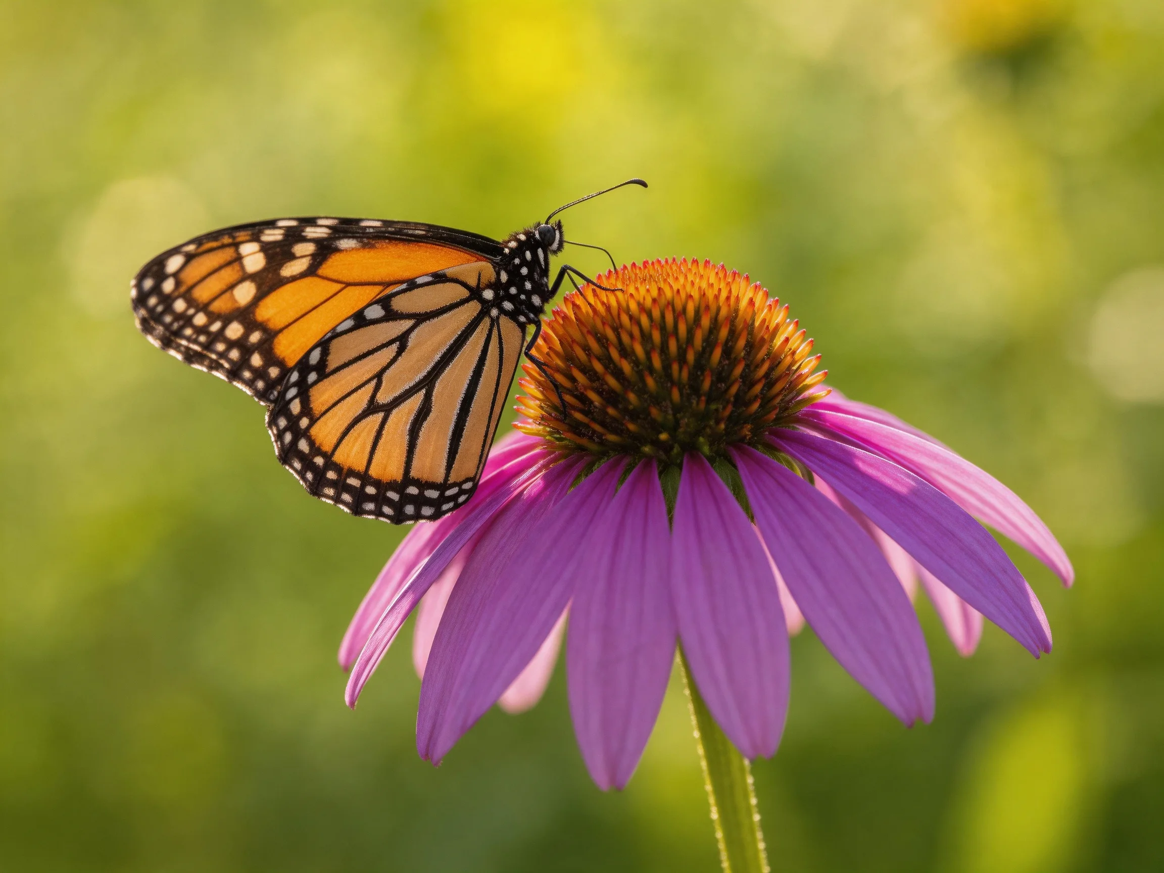 A monarch butterfly perches on a vibrant purple coneflower