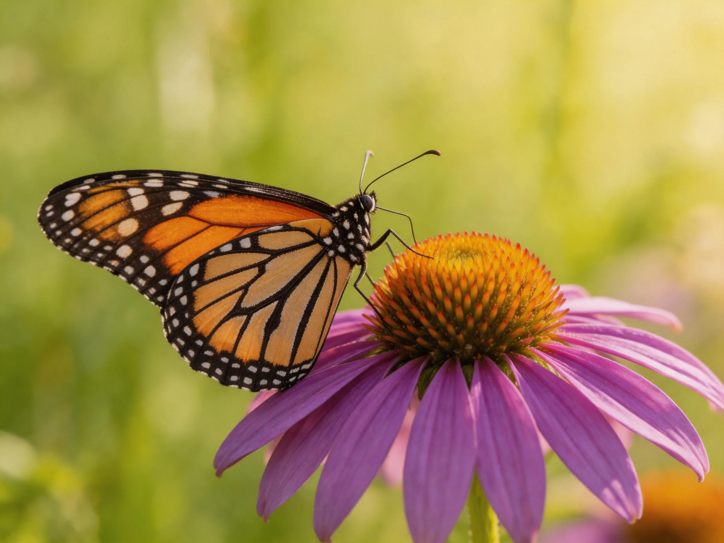 A monarch butterfly perches on a vibrant purple coneflower