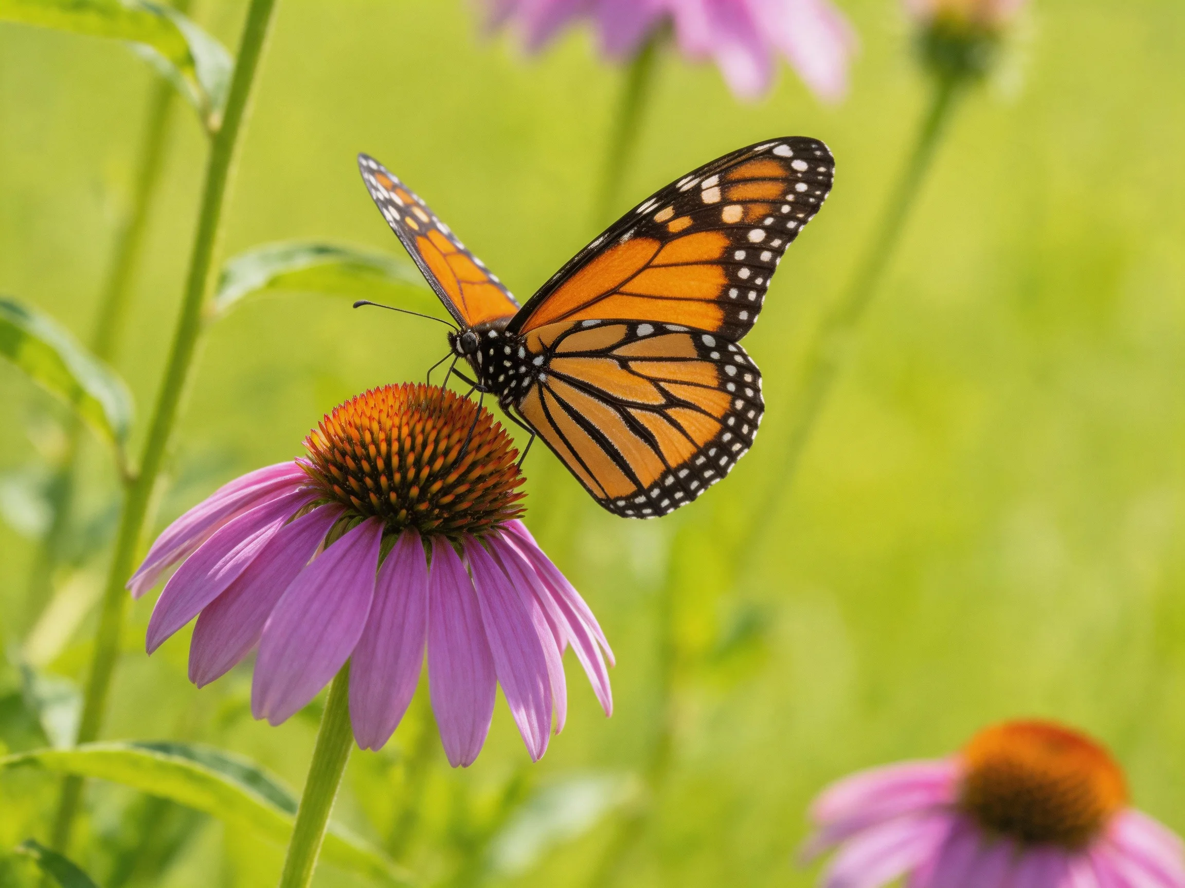 A monarch butterfly perches on a vibrant purple coneflower