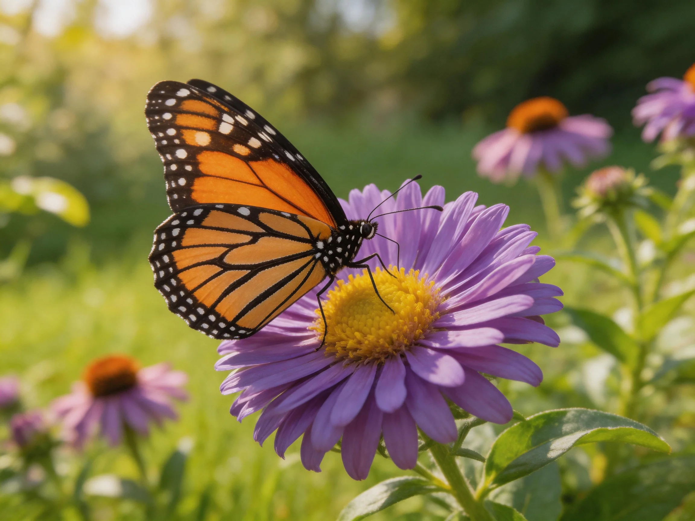 A monarch butterfly perches on a vibrant purple flower in a sunlit garden