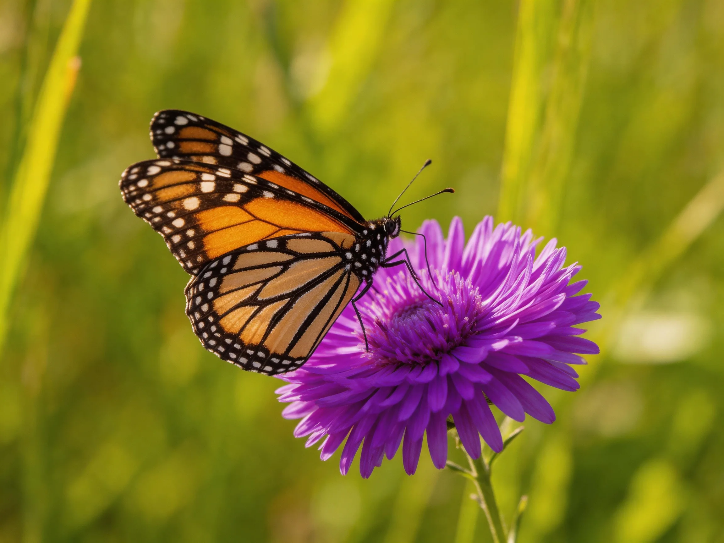 A monarch butterfly perches on a vibrant purple flower in a sunlit meadow