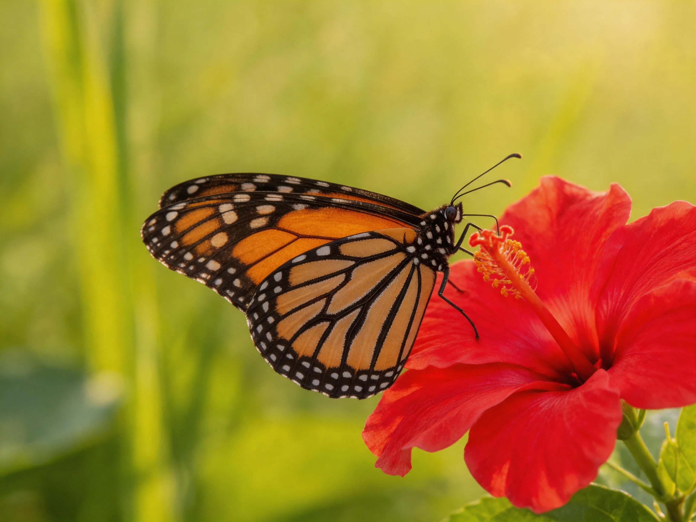 A monarch butterfly perches on a vibrant red hibiscus flower