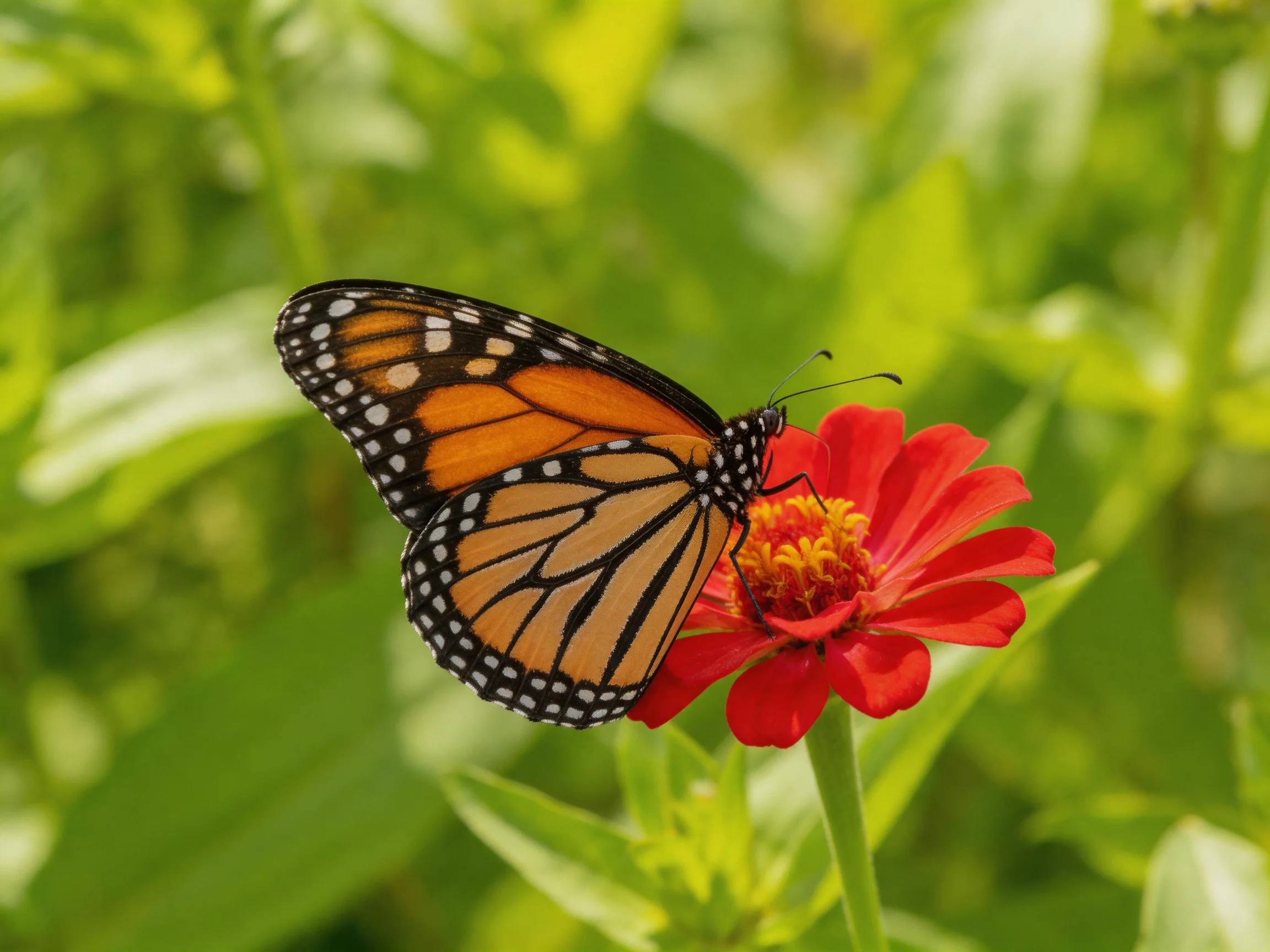 A monarch butterfly perches on a vibrant red zinnia amidst lush green foliage