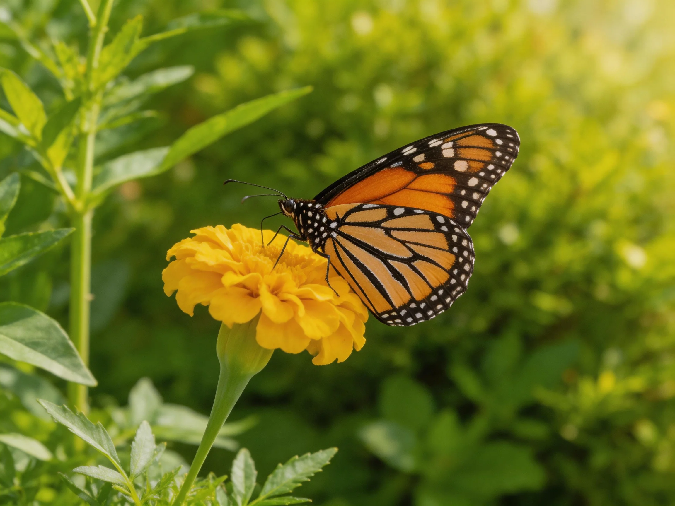 A monarch butterfly perches on a vibrant yellow marigold amidst dense greenery