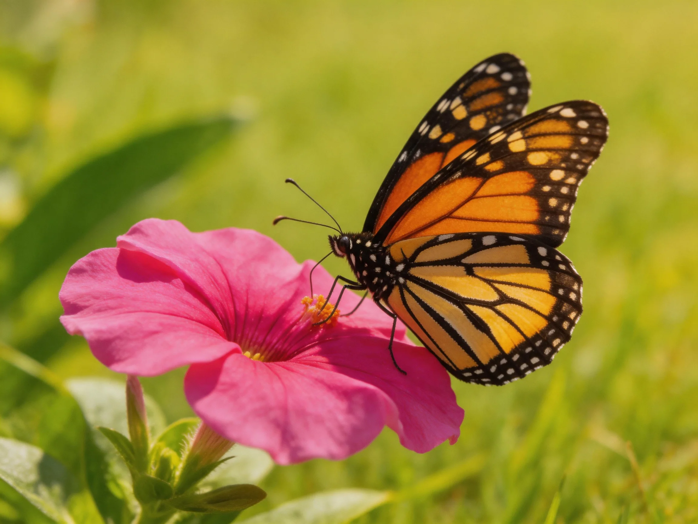A monarch butterfly perches on a vivid pink petunia