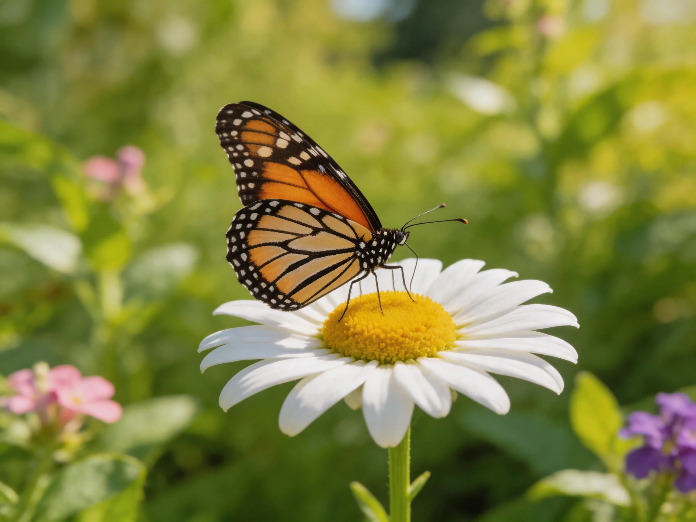 A monarch butterfly perches on a white daisy in a lush green garden
