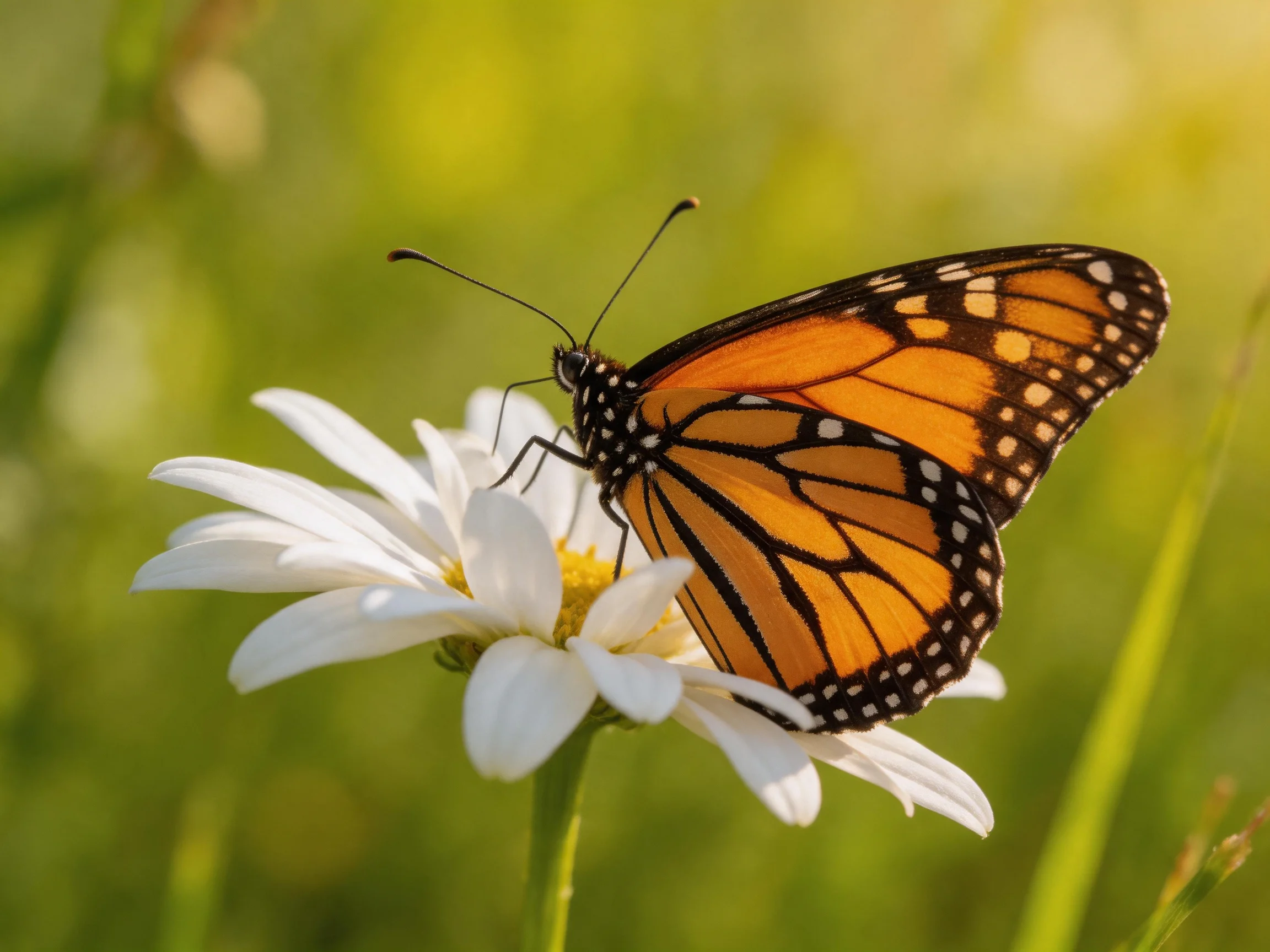 A monarch butterfly perches on a white daisy in a sunlit meadow