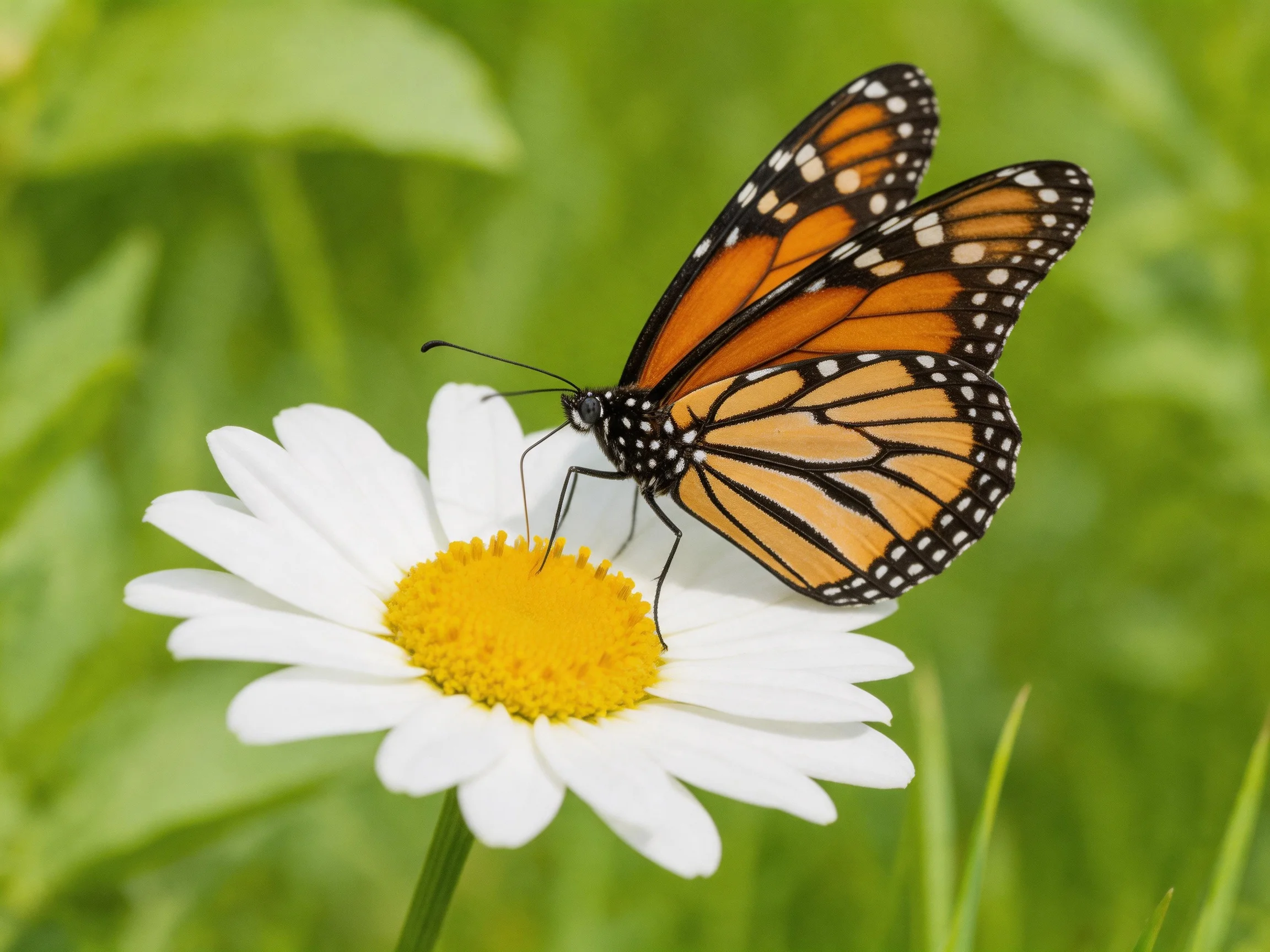 A monarch butterfly perches on a white daisy with a vibrant yellow center