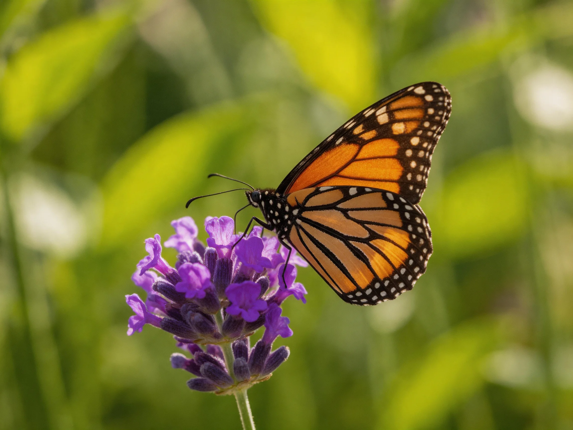 A monarch butterfly perches on bright purple lavender flowers
