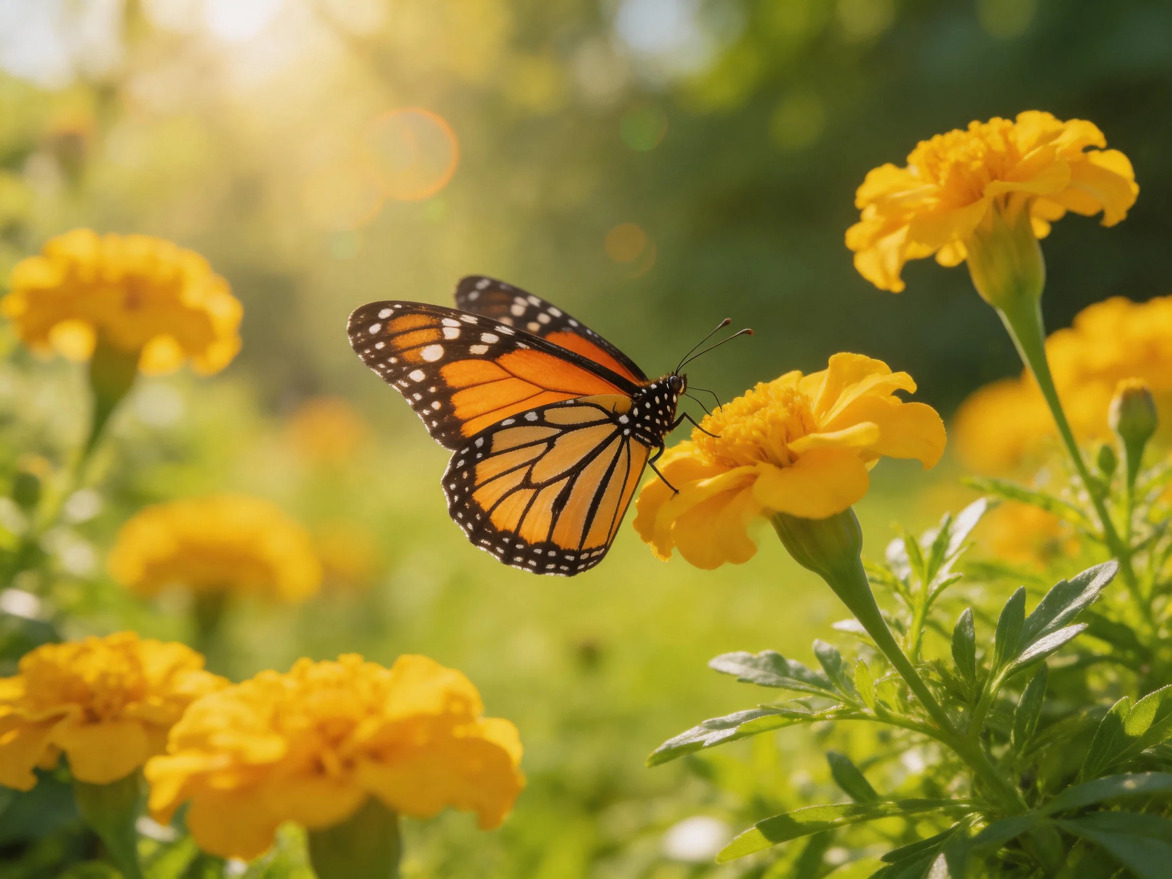 A monarch butterfly perches on bright yellow marigold flowers in a sunlit garden