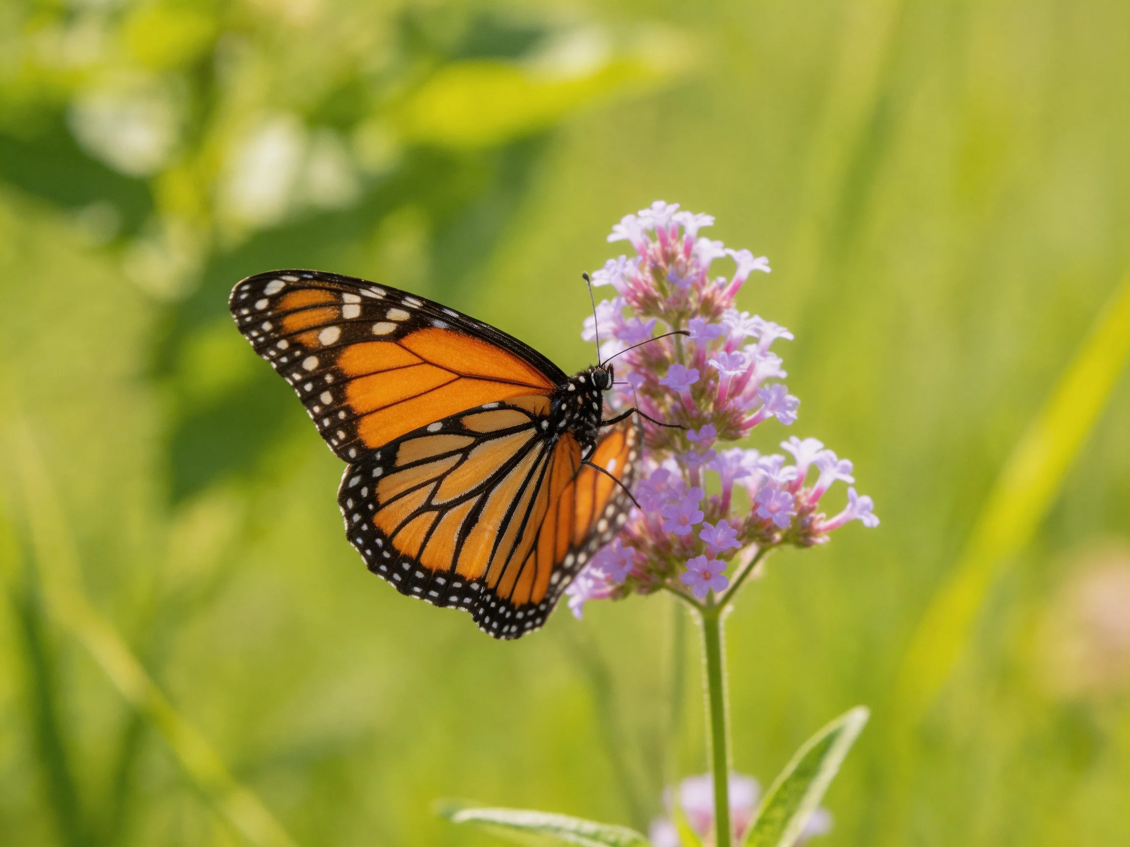 A monarch butterfly perches on purple wildflowers in a sunlit field