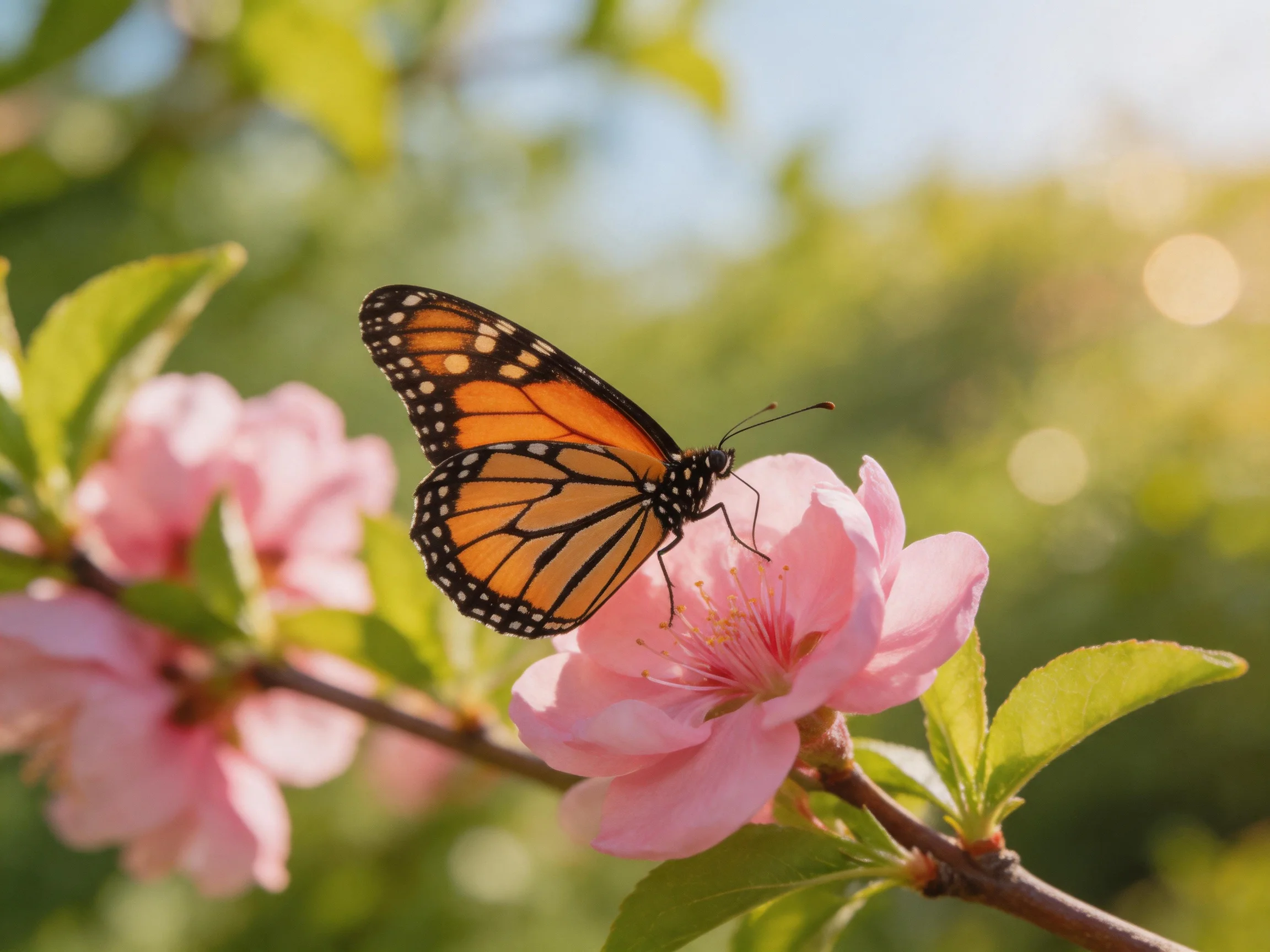 A monarch butterfly perches on vibrant pink blossoms with green foliage