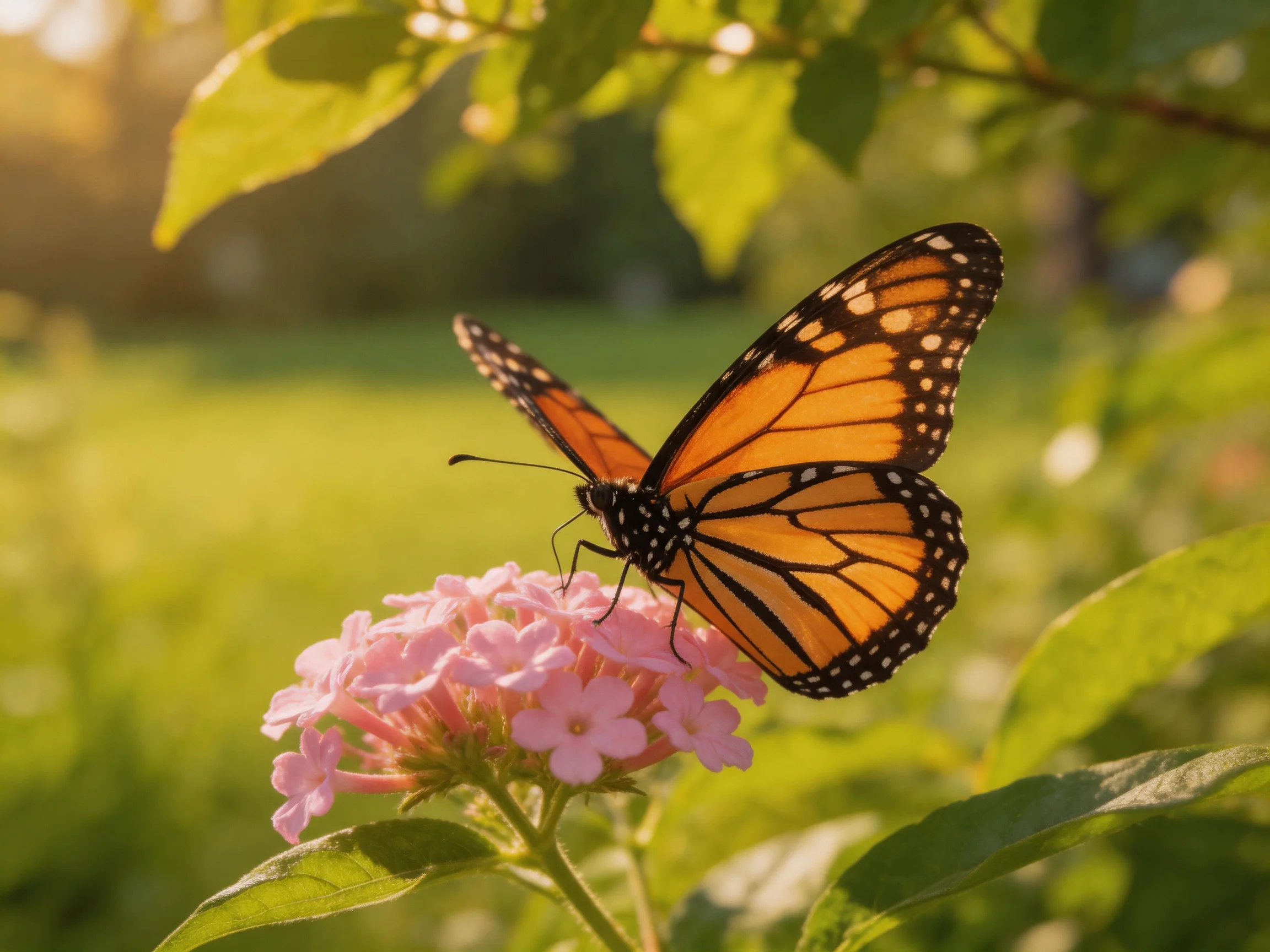 A monarch butterfly perches on vibrant pink flowers amid lush green foliage