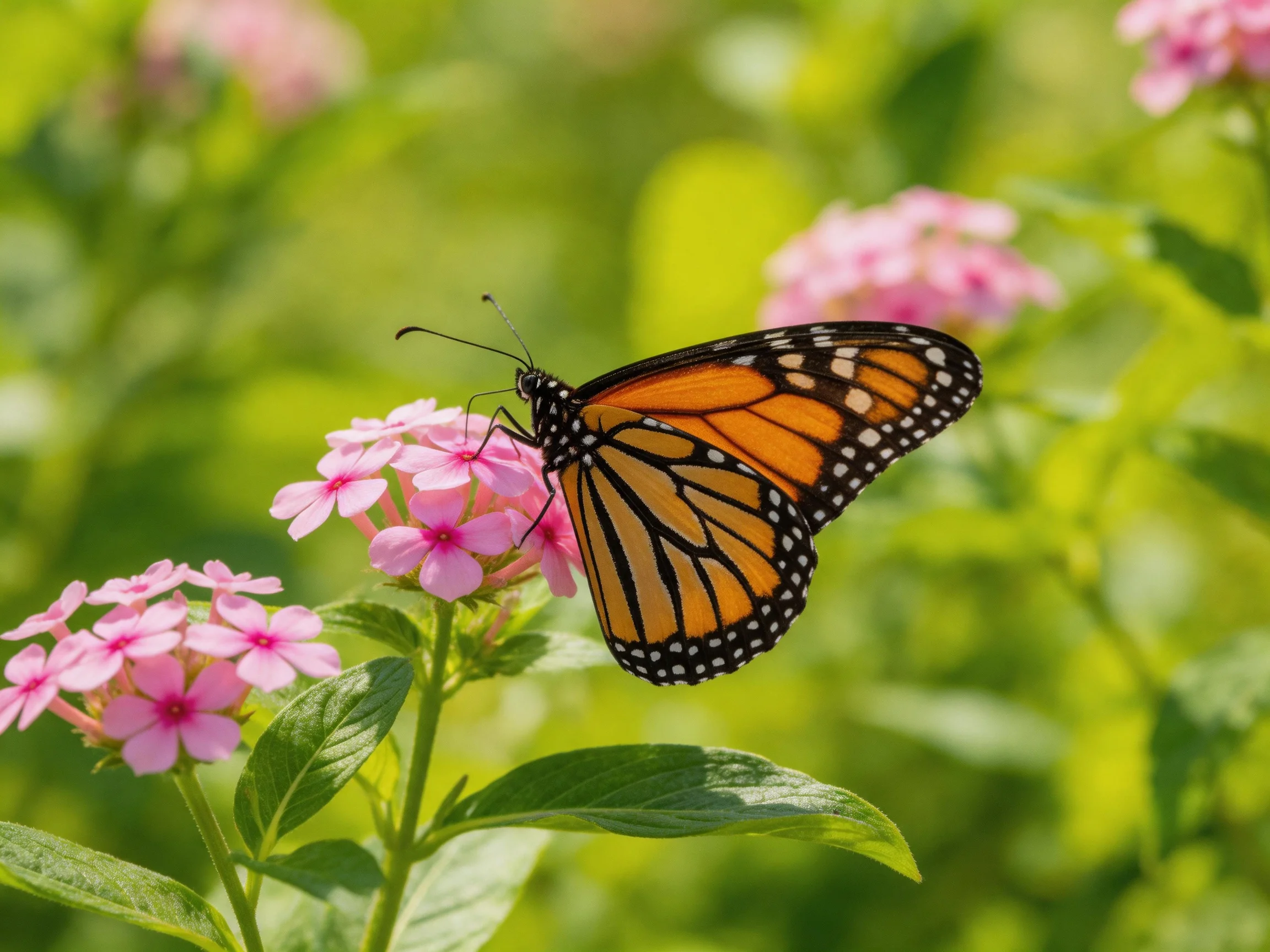 A monarch butterfly perches on vibrant pink flowers among green foliage