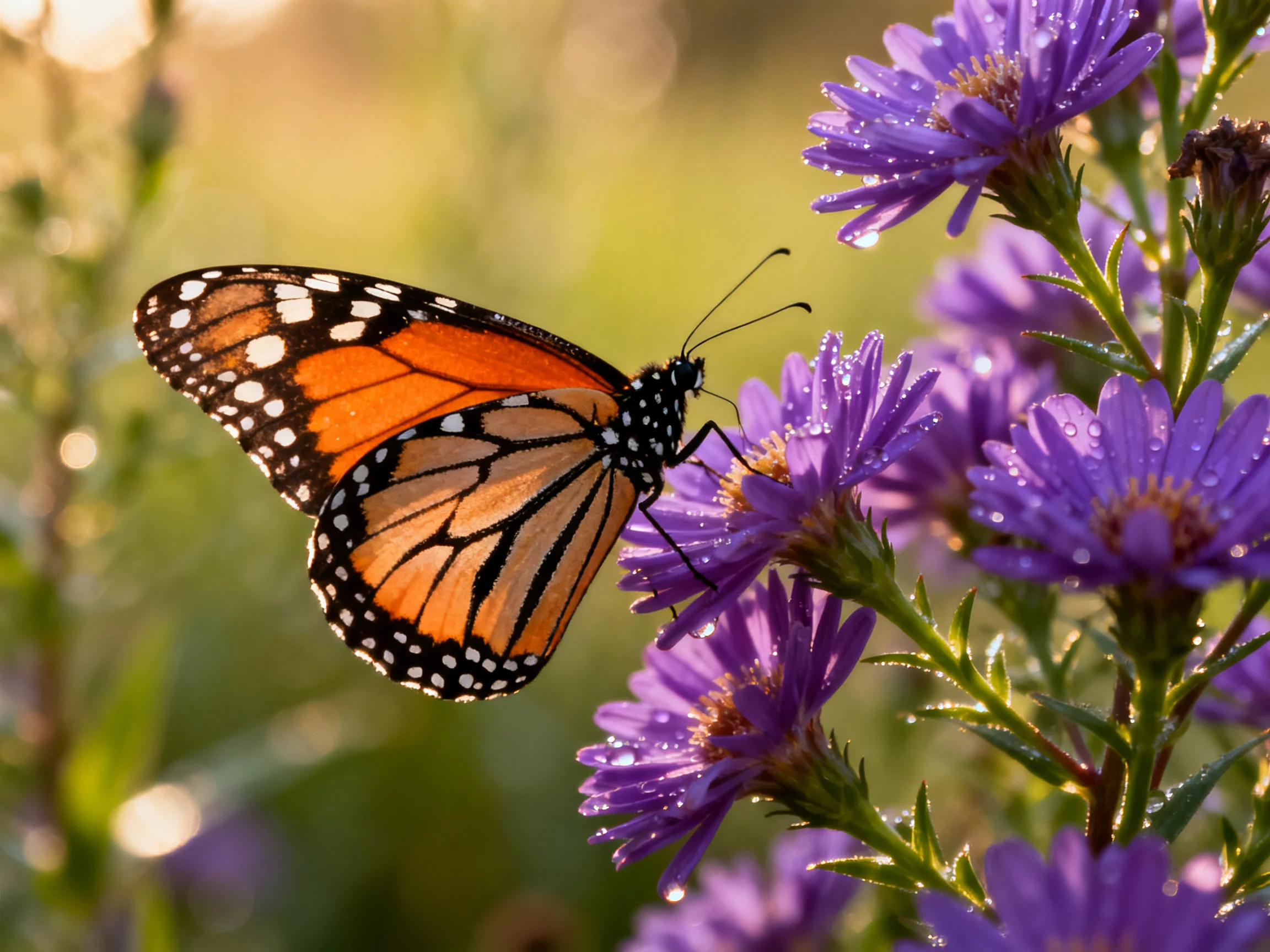 A monarch butterfly perches on vibrant purple aster blooms