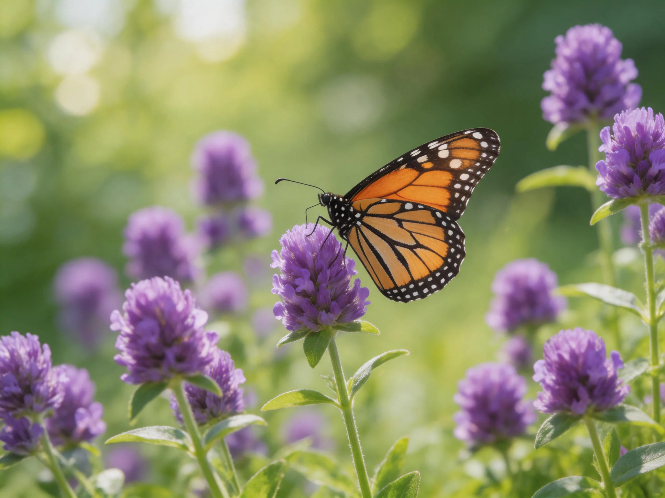 A monarch butterfly perches on vibrant purple clover flowers