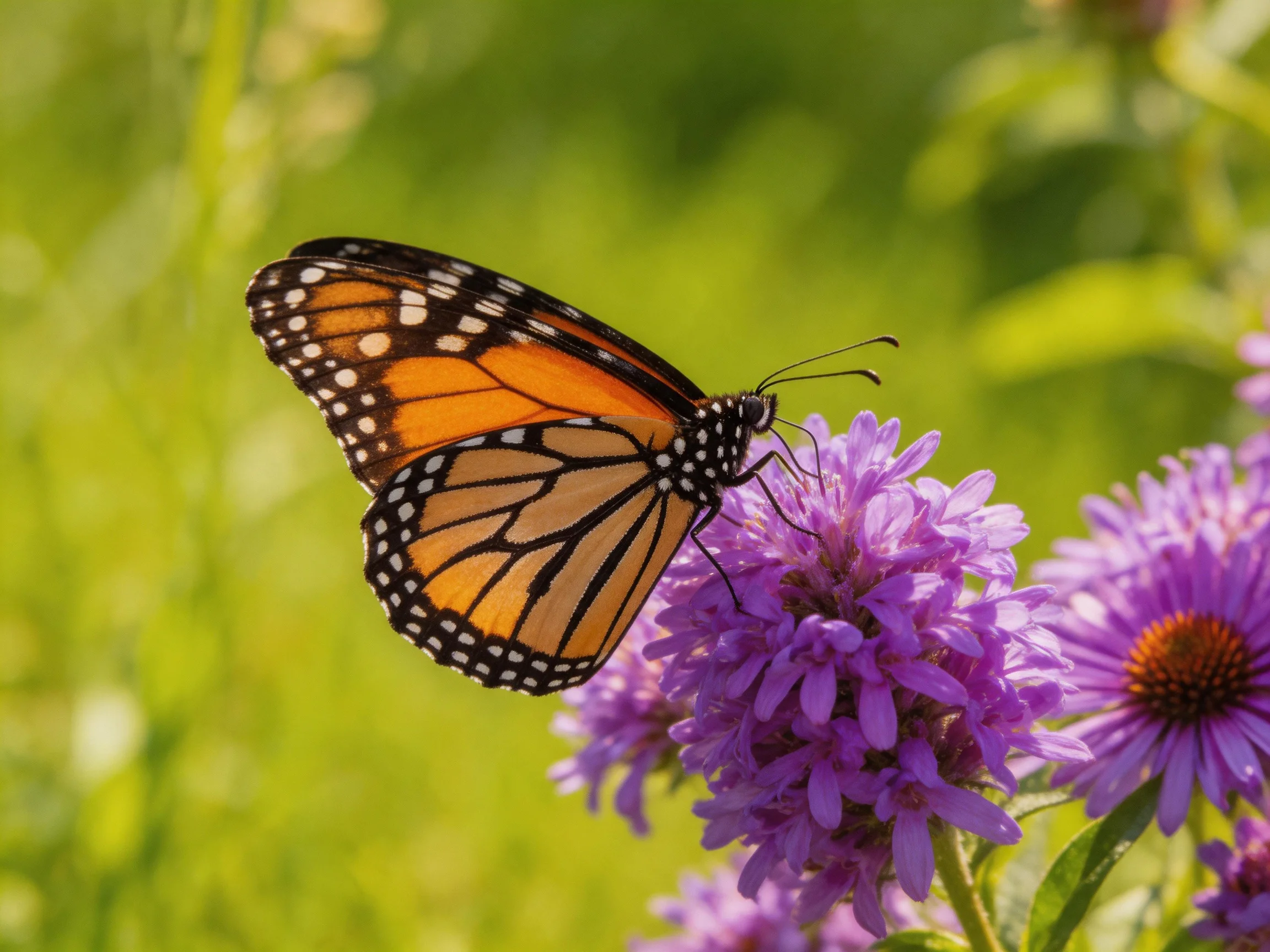 A monarch butterfly perches on vibrant purple flowers in a sun-dappled meadow