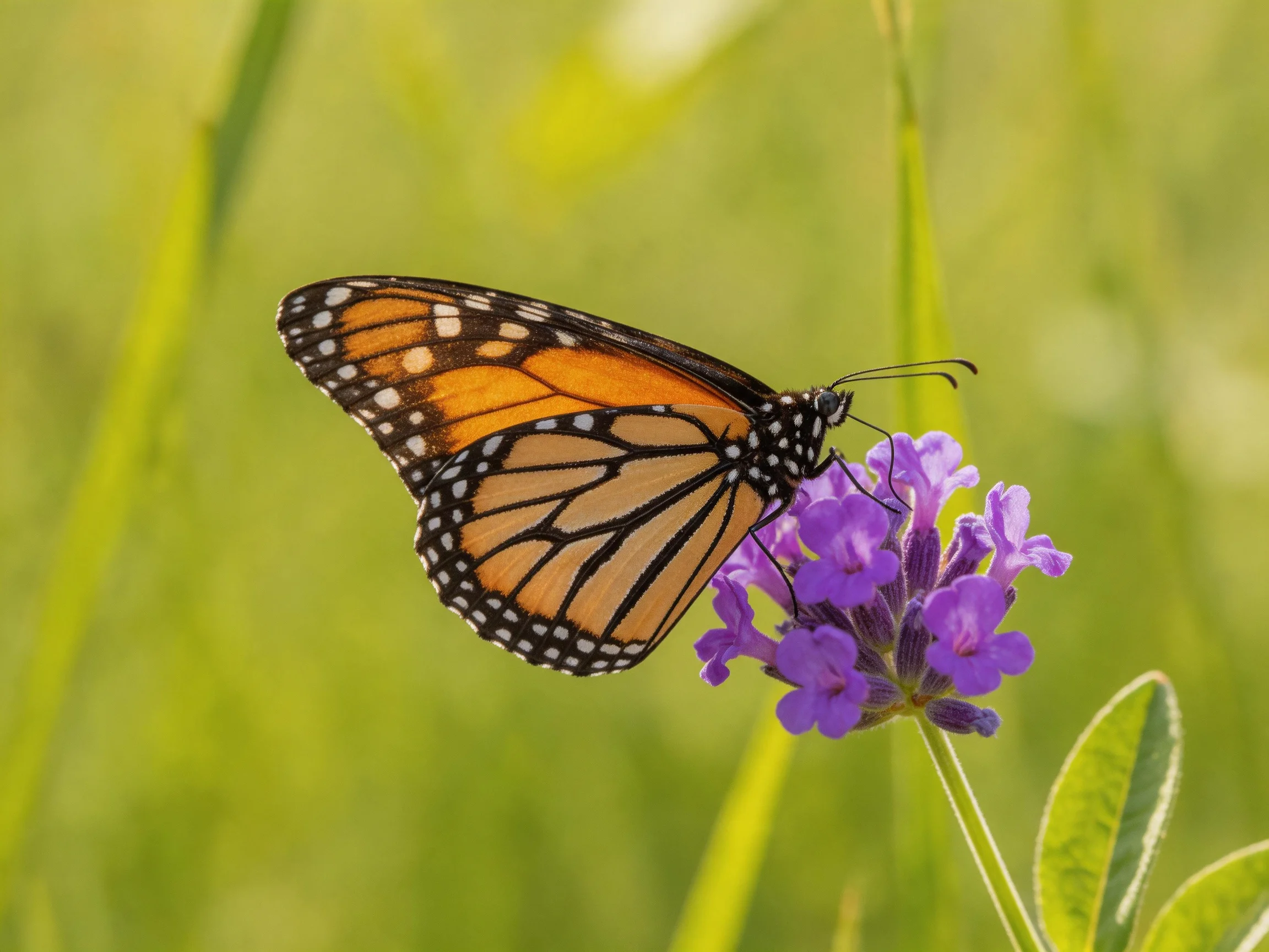 A monarch butterfly perches on vibrant purple flowers in a sunlit meadow.