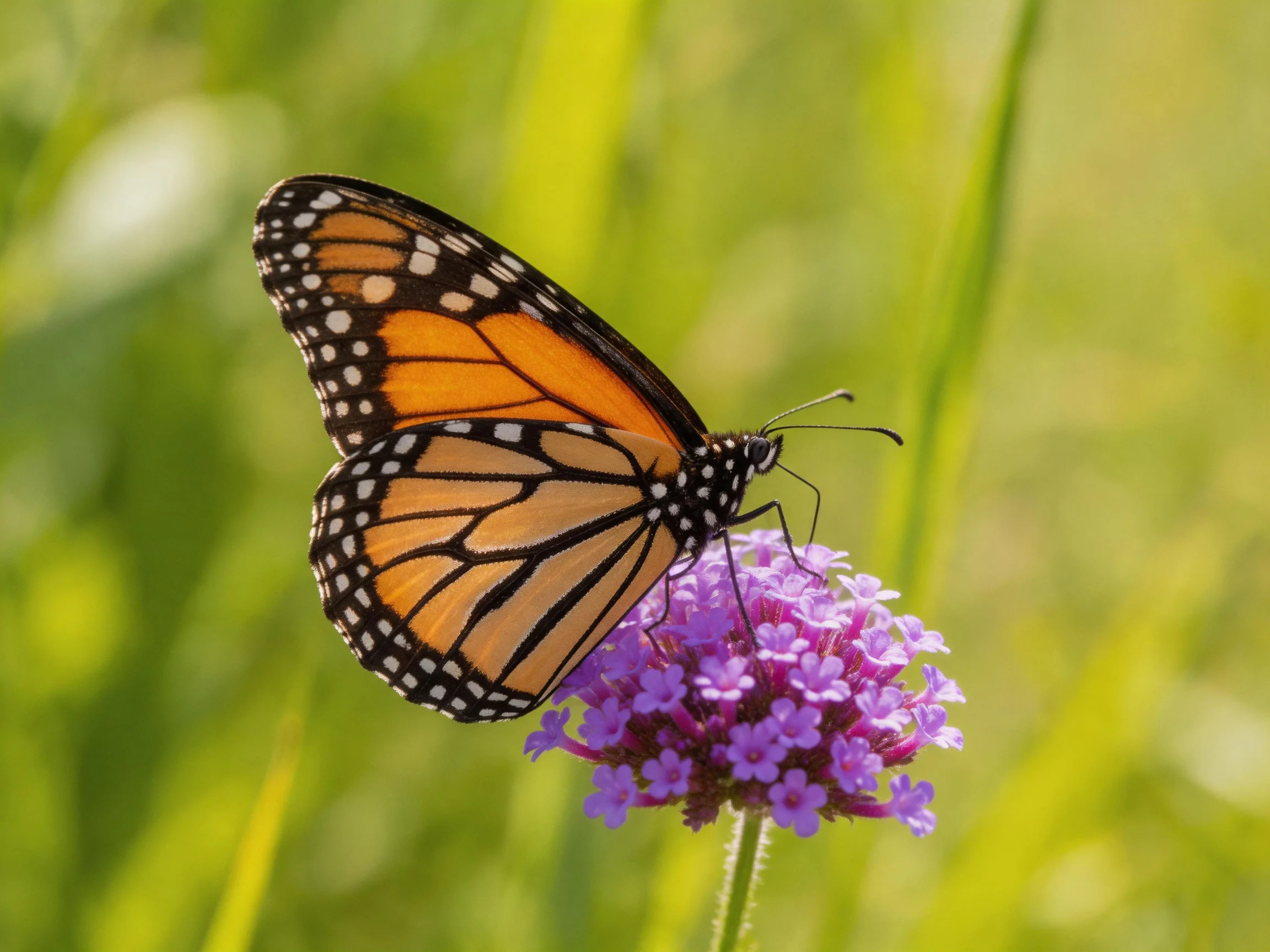 A monarch butterfly perches on vibrant purple flowers with lush green backdrop