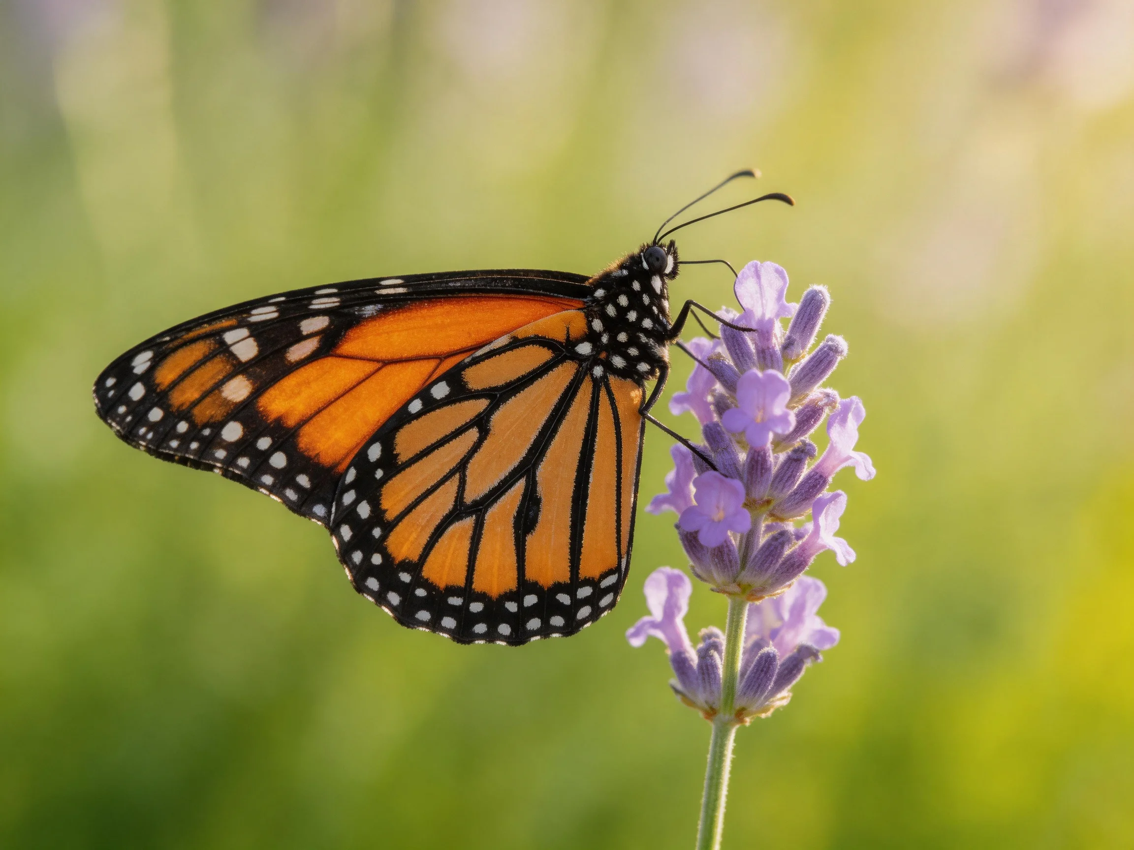 A monarch butterfly perches on vibrant purple lavender blossoms