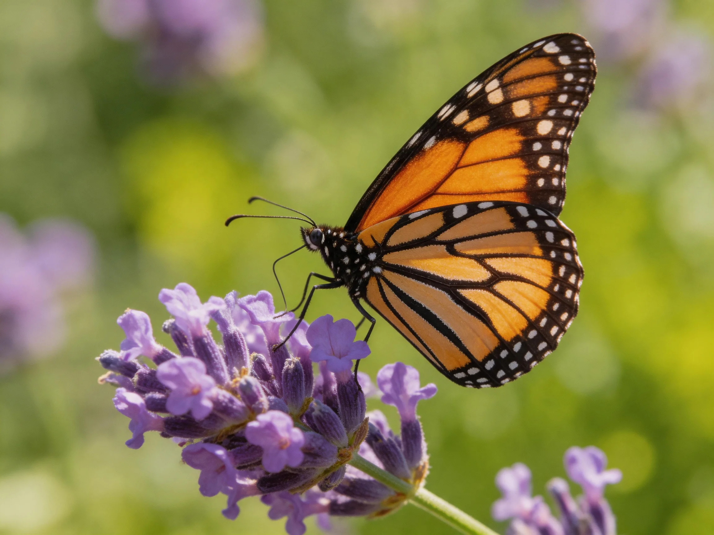 A monarch butterfly perches on vibrant purple lavender flowers
