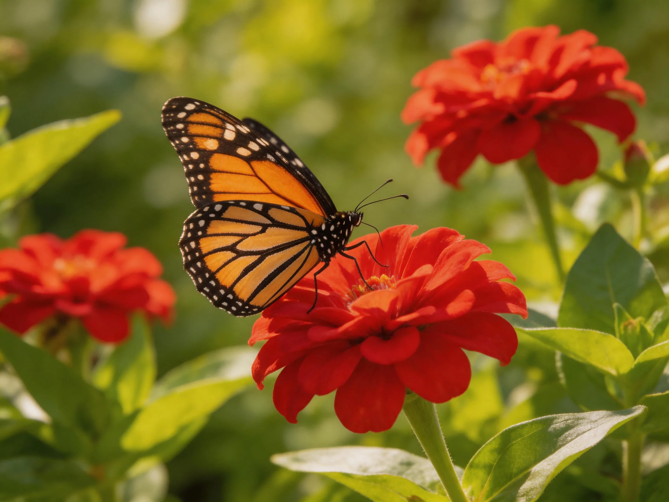 A monarch butterfly perches on vibrant red zinnias in a sunlit garden