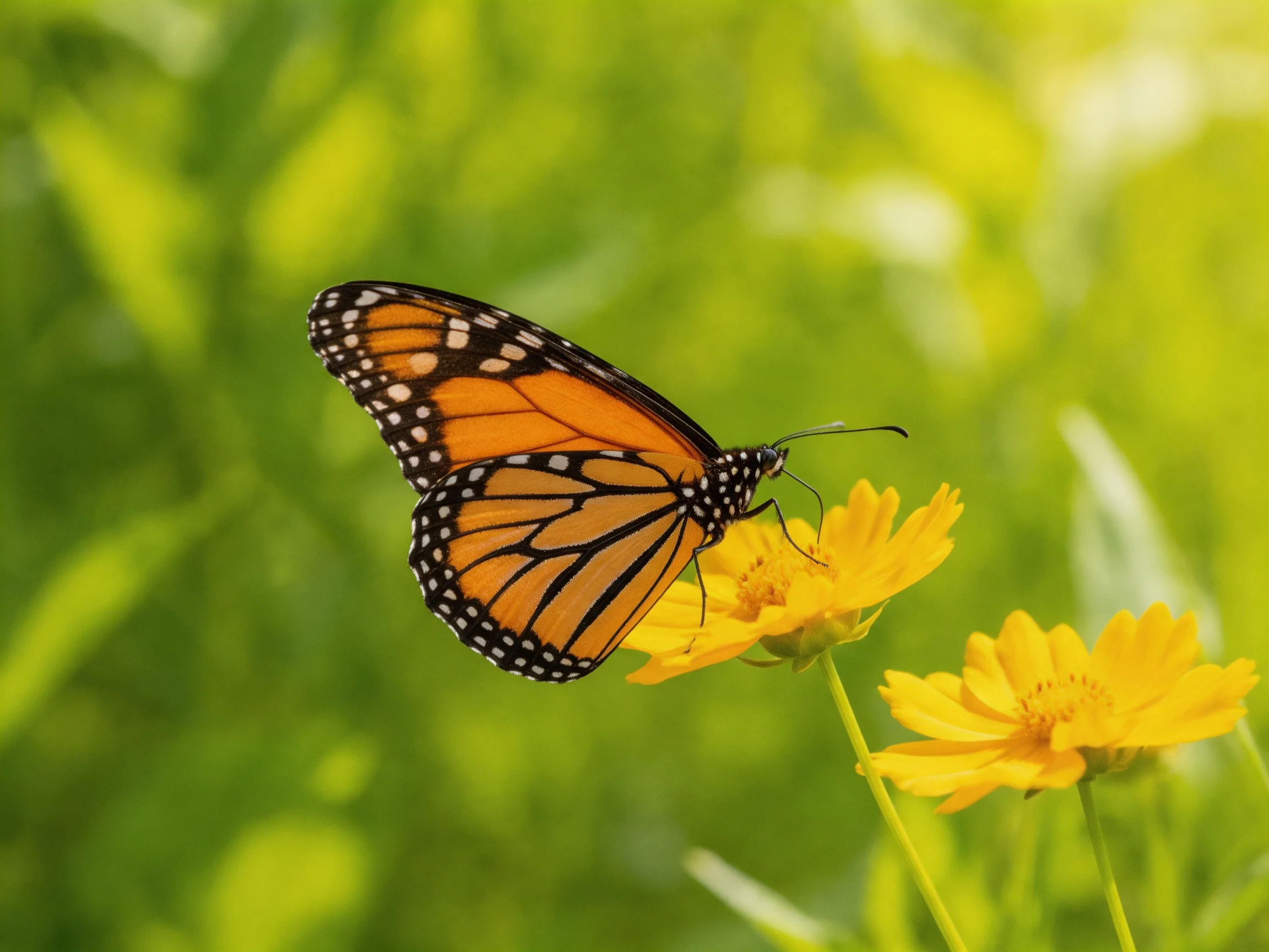 A monarch butterfly perches on vibrant yellow flowers among lush greenery