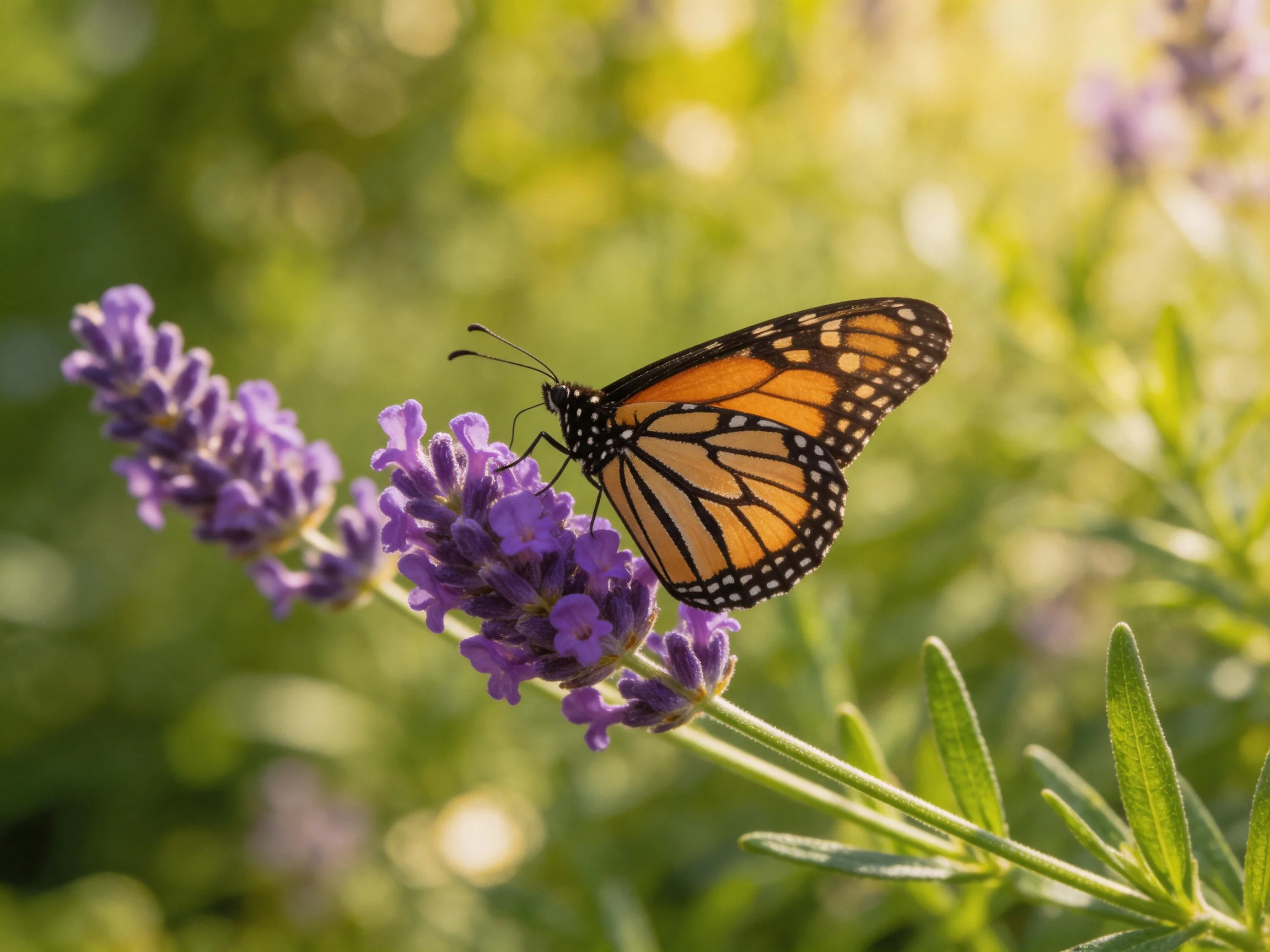 A monarch butterfly perches on vibrantpurple lavender blossoms