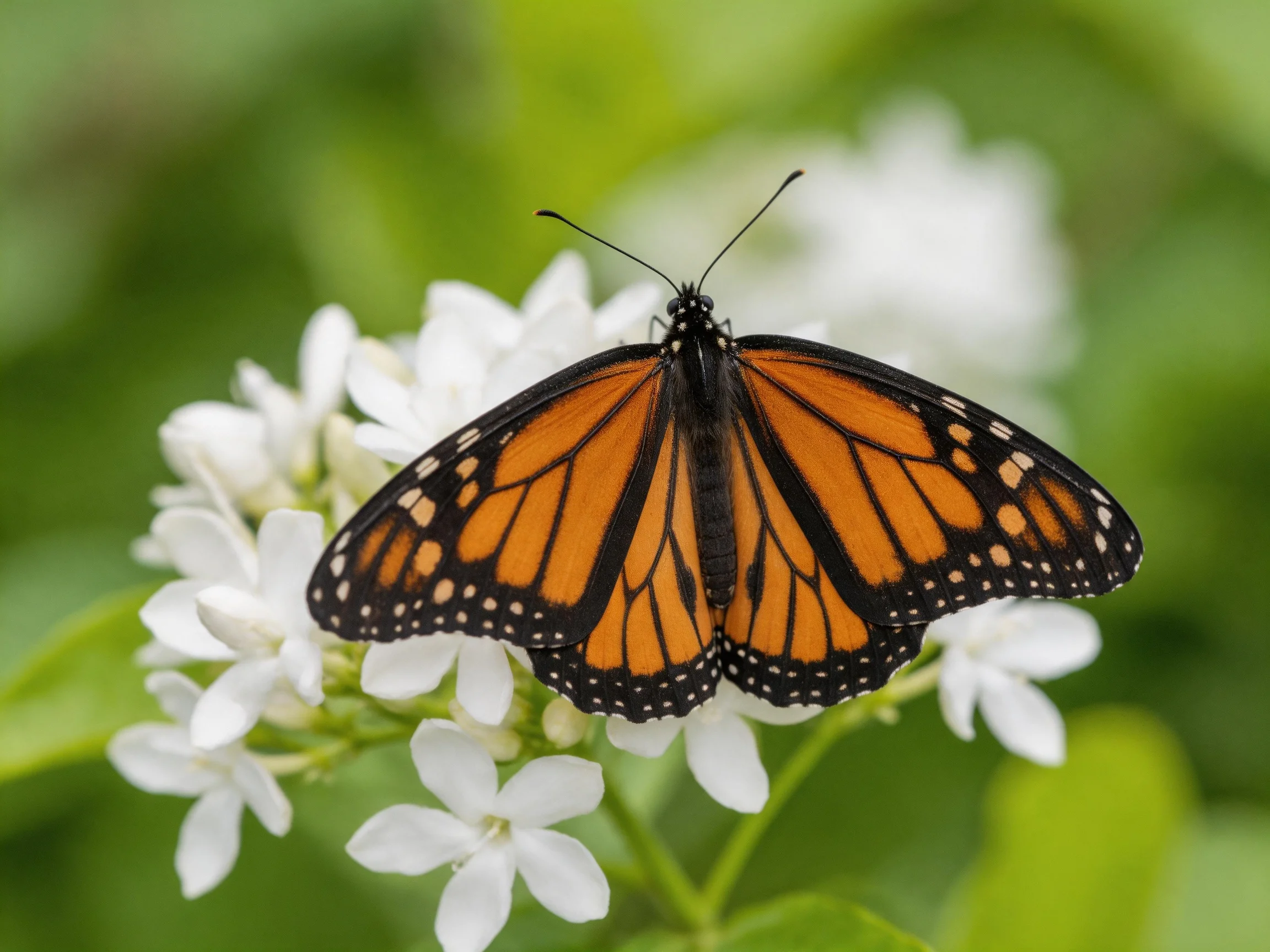 A monarch butterfly perches on white flowers with green foliage