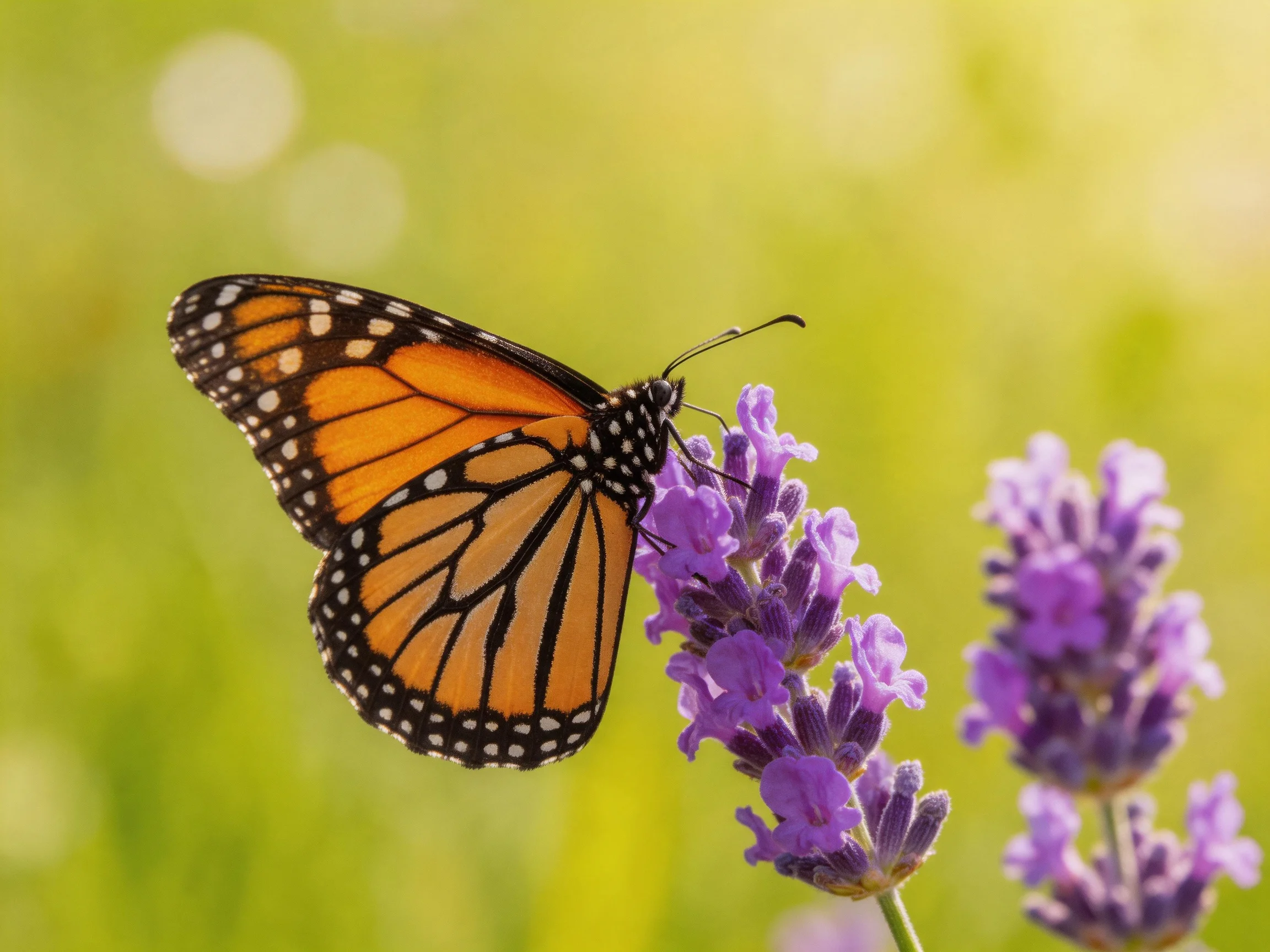 A monarch butterfly resting on vibrant purple lavender blooms