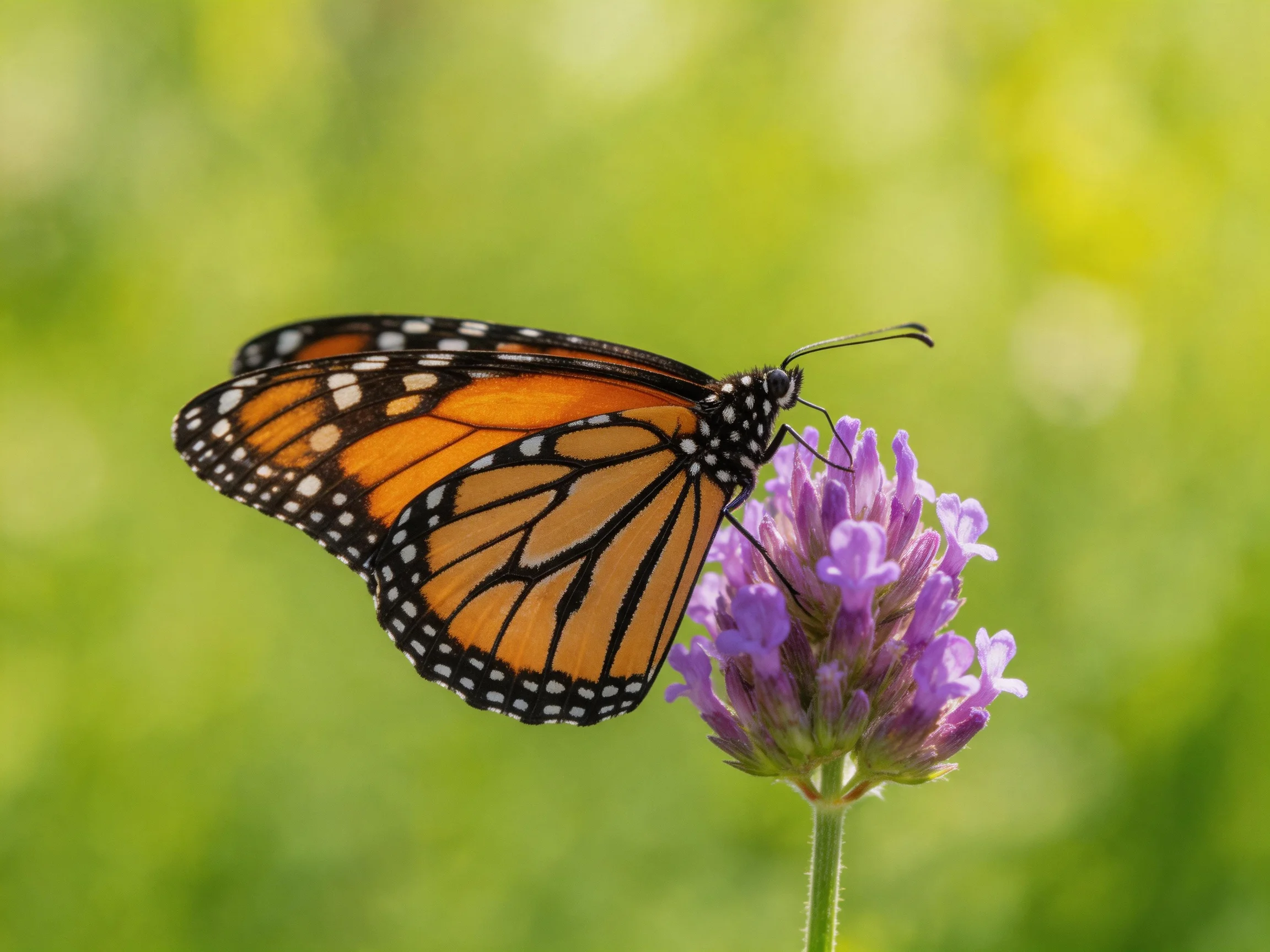 A monarch butterfly resting on vibrant purple lavender blooms