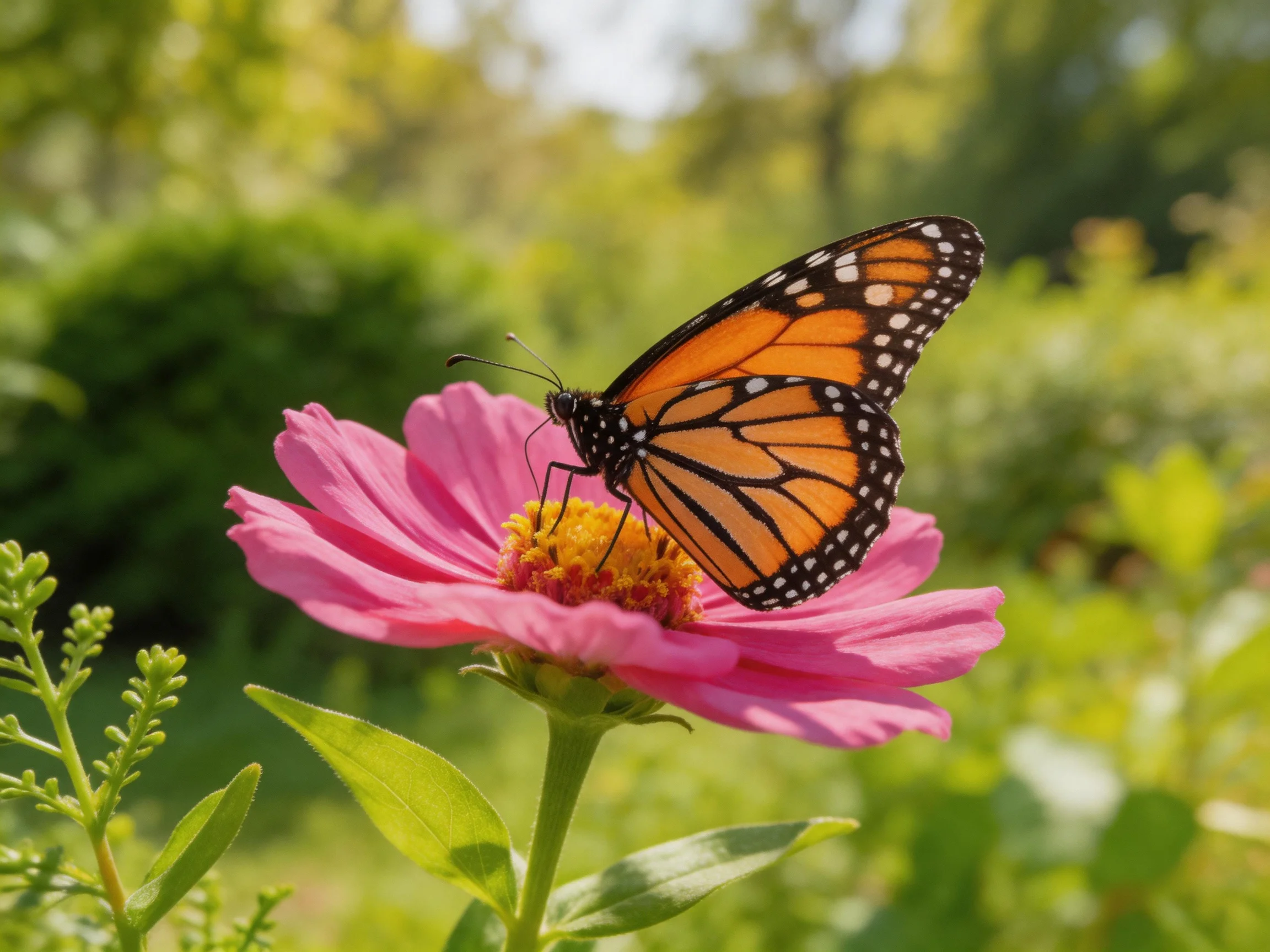 A monarch butterfly rests on a bright pink flower amid lush greenery.