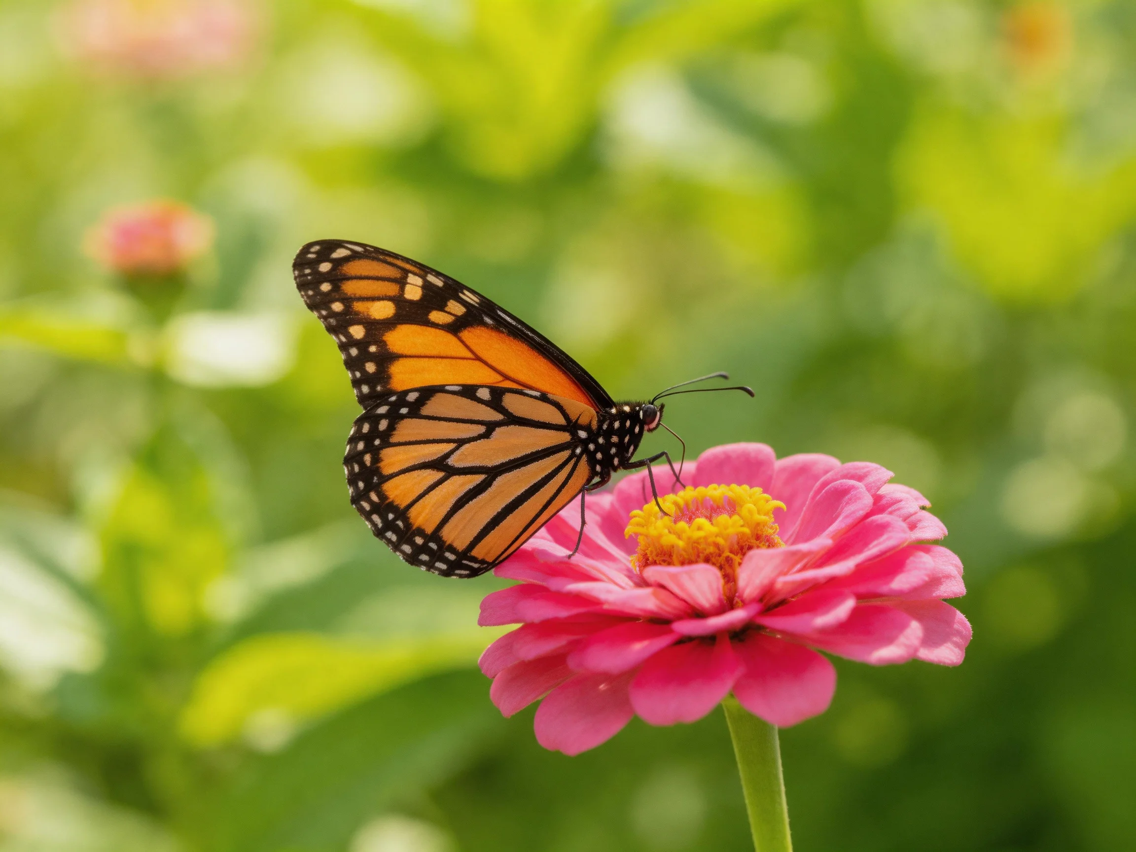 A monarch butterfly rests on a bright pink zinnia flower amid lush greenery.