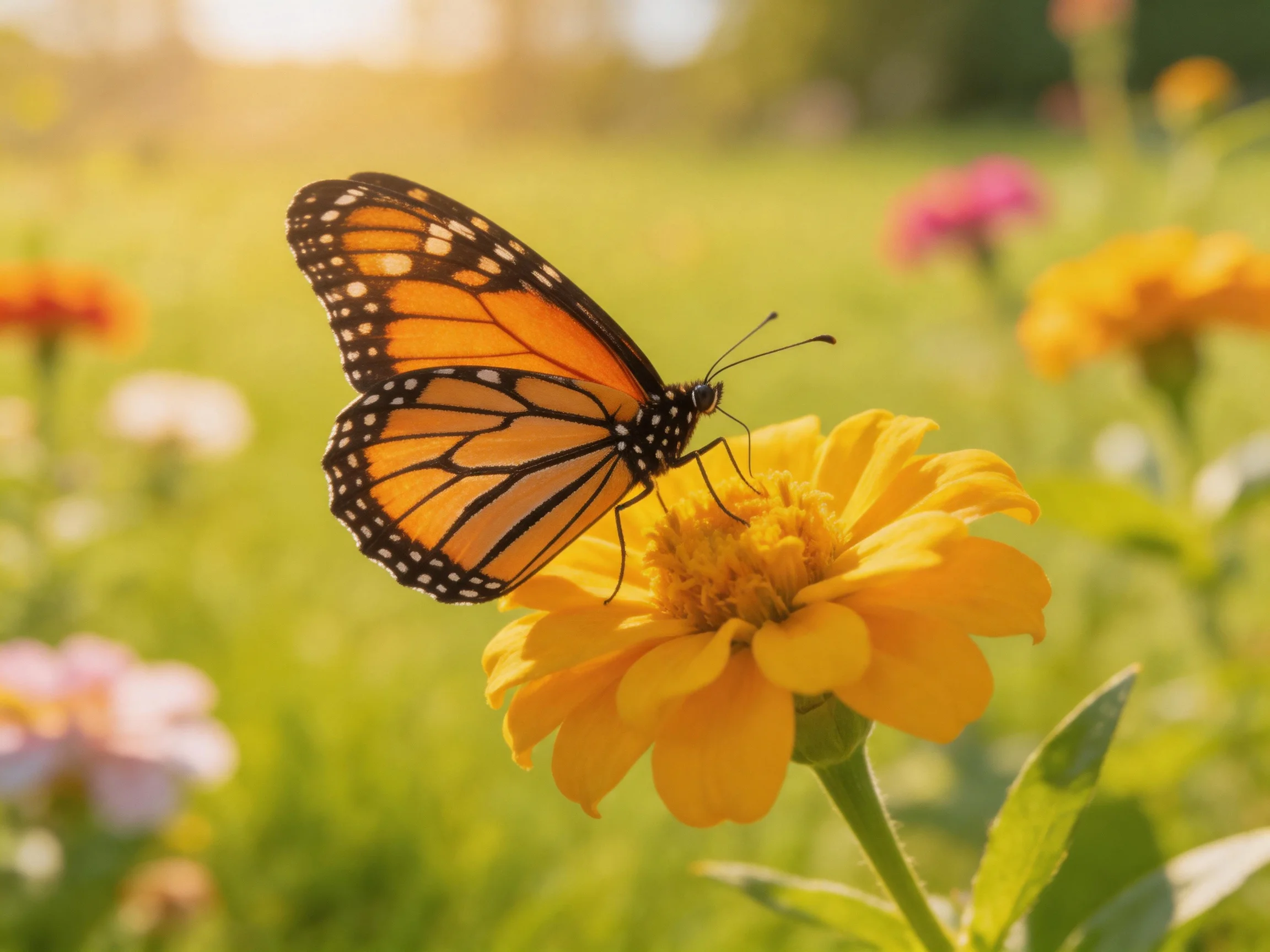 A monarch butterfly rests on a bright yellow flower in a sunlit meadow