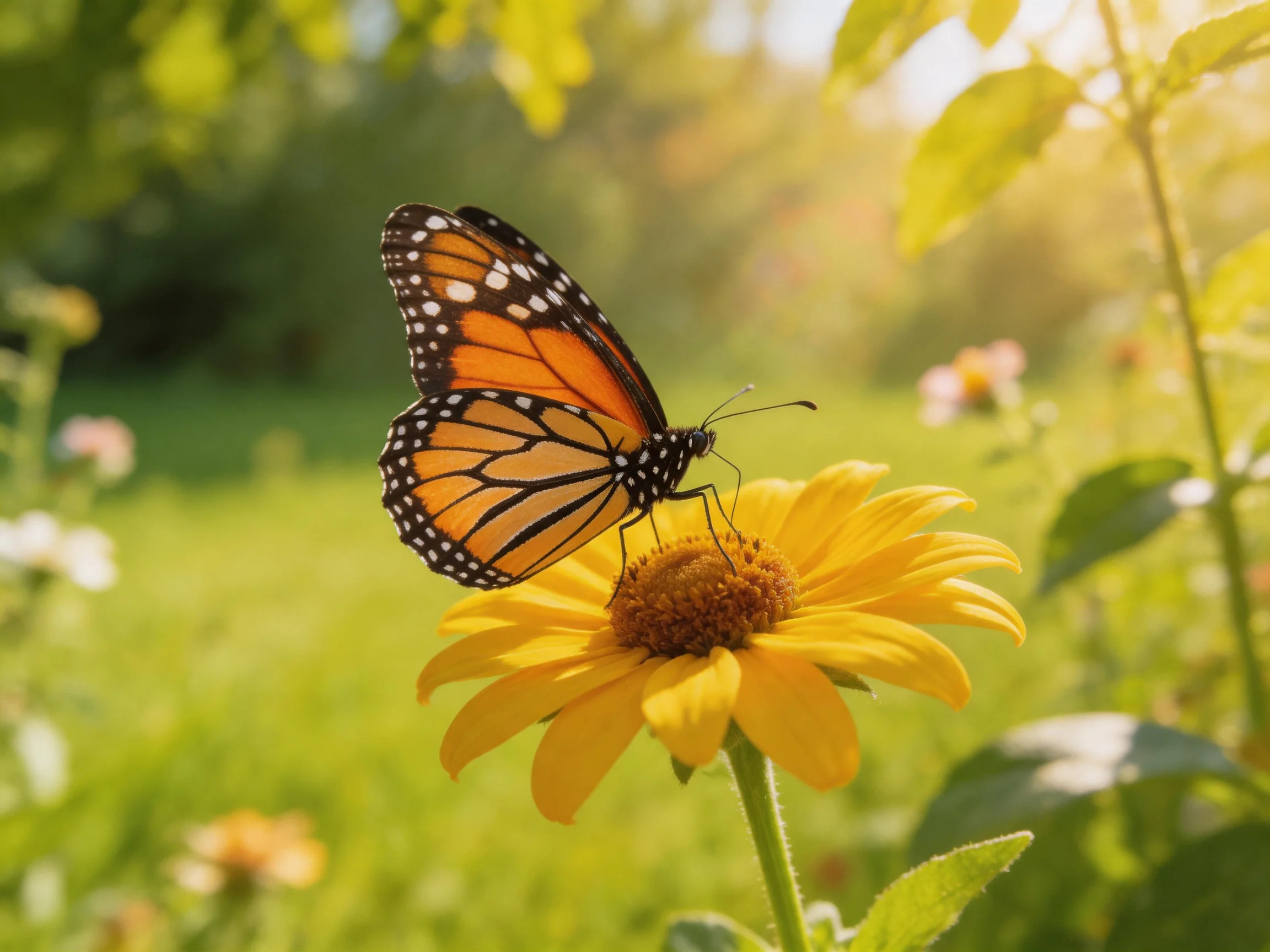 A monarch butterfly rests on a bright yellow flower in a sunlit meadow