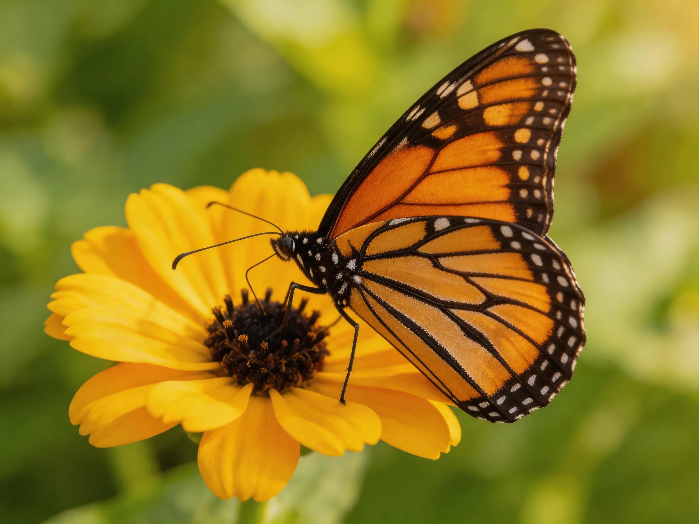 A monarch butterfly rests on a bright yellow flower with dark centers