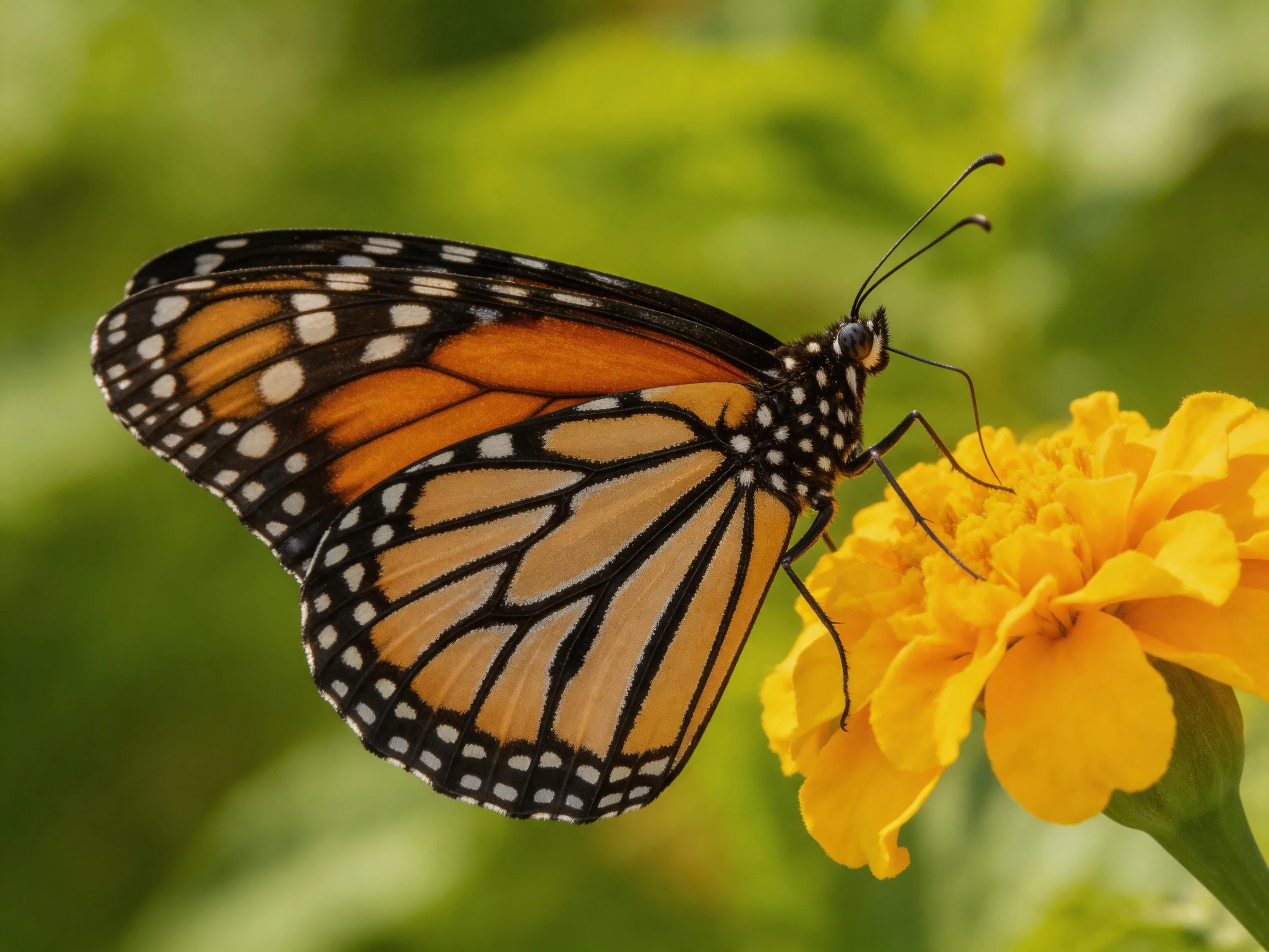 A monarch butterfly rests on a bright yellow marigold flower