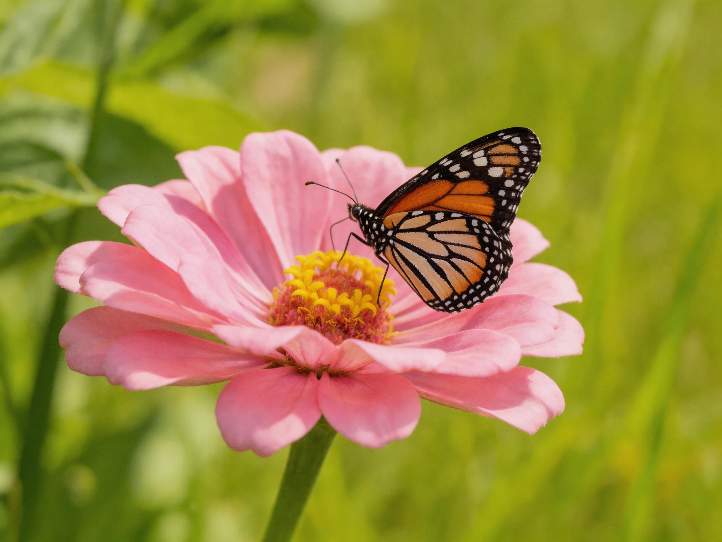 A monarch butterfly rests on a large pink flower with a yellow center
