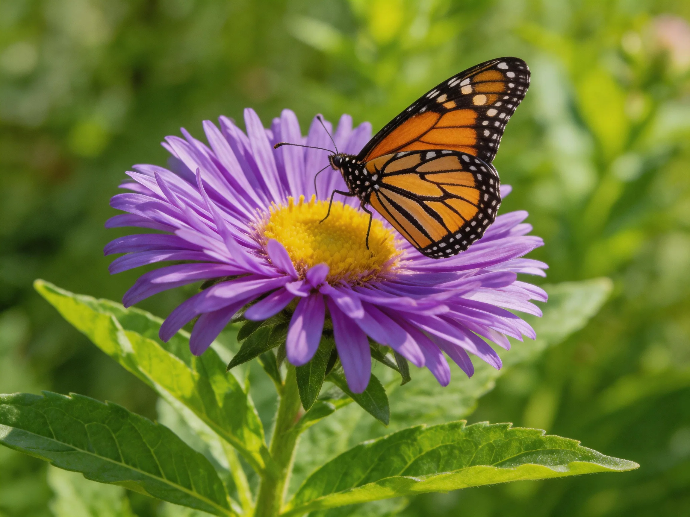 A monarch butterfly rests on a large purple aster blossom