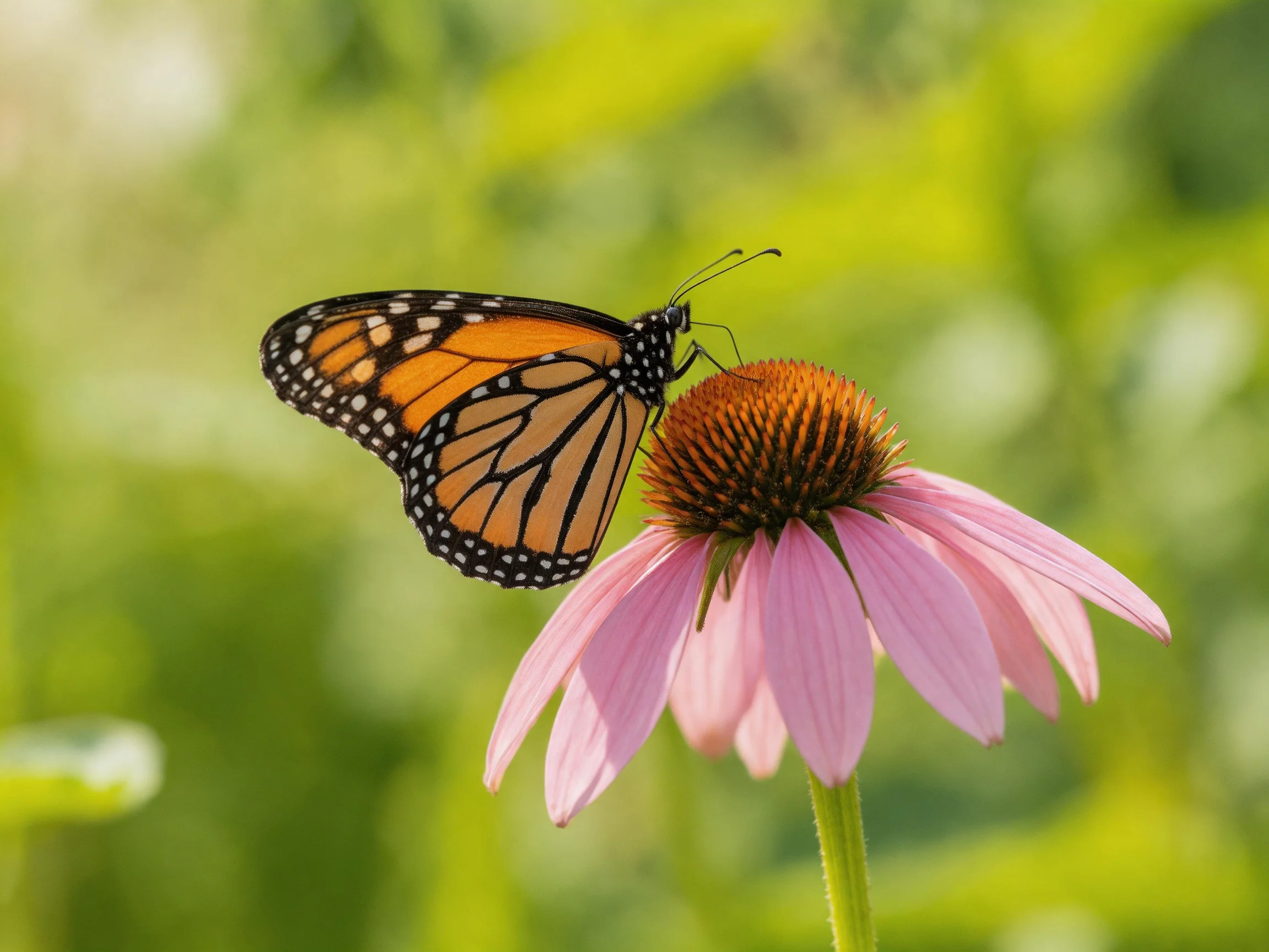 A monarch butterfly rests on a pink coneflower in a sunlit meadow