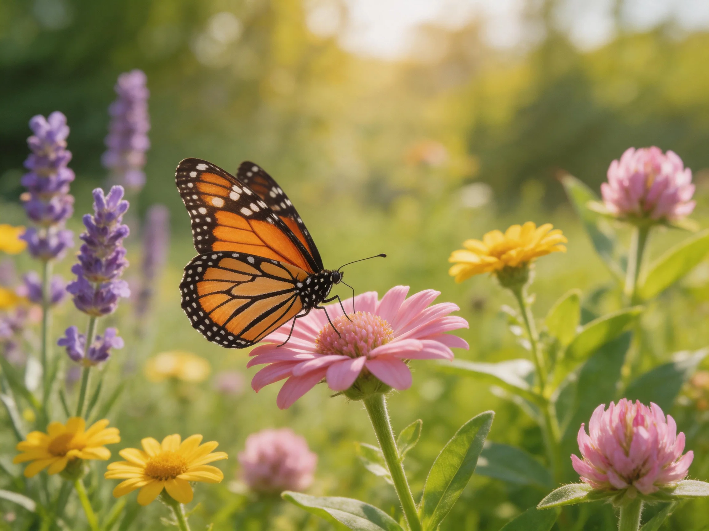 A monarch butterfly rests on a pink flower amid purple and yellow blooms
