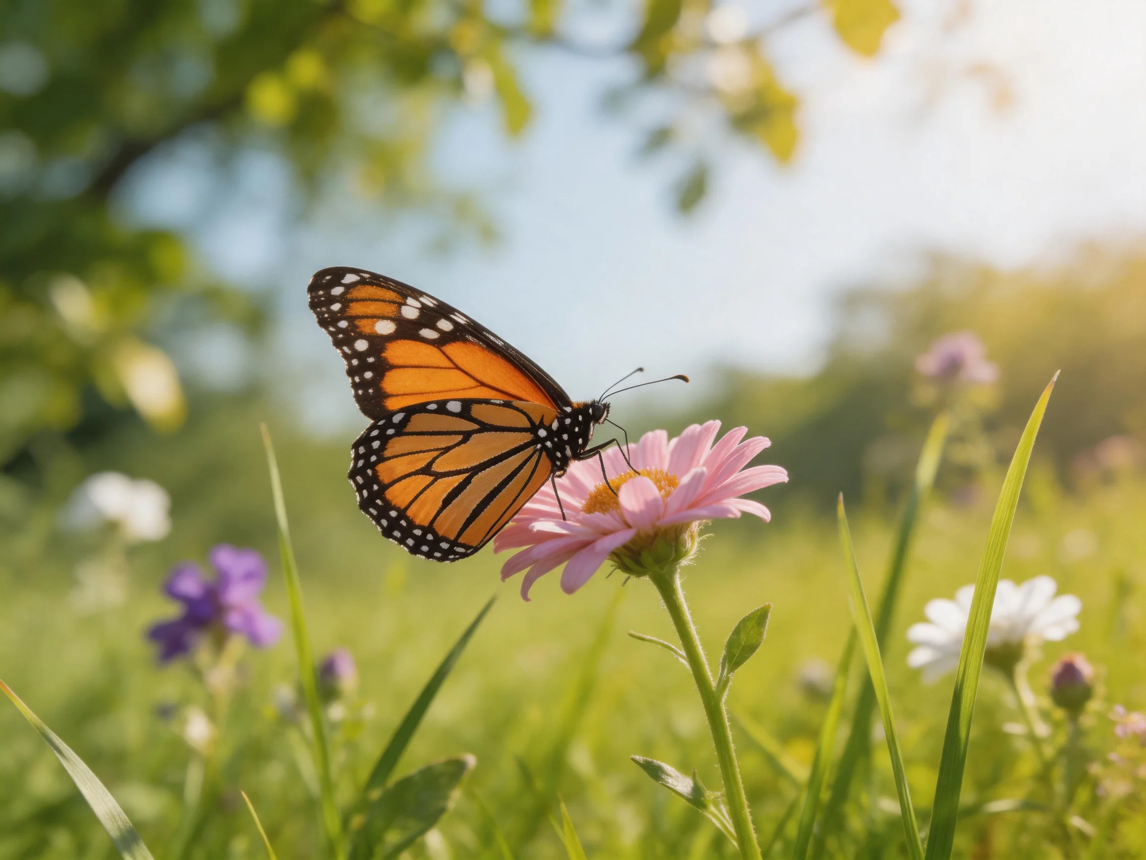 A monarch butterfly rests on a pink flower in a sunlit meadow