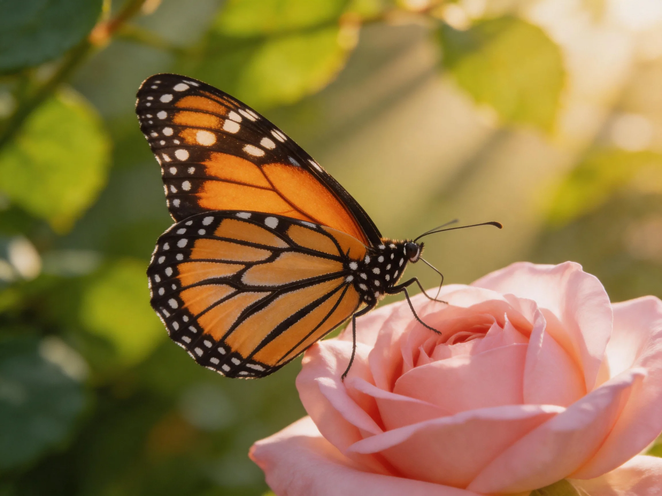A monarch butterfly rests on a soft pink rose amid green foliage